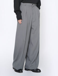 BLUE GRAY WOOL TROPICAL 3PLEATED WIDE-LEG TROUSERS