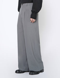 BLUE GRAY WOOL TROPICAL 3PLEATED WIDE-LEG TROUSERS