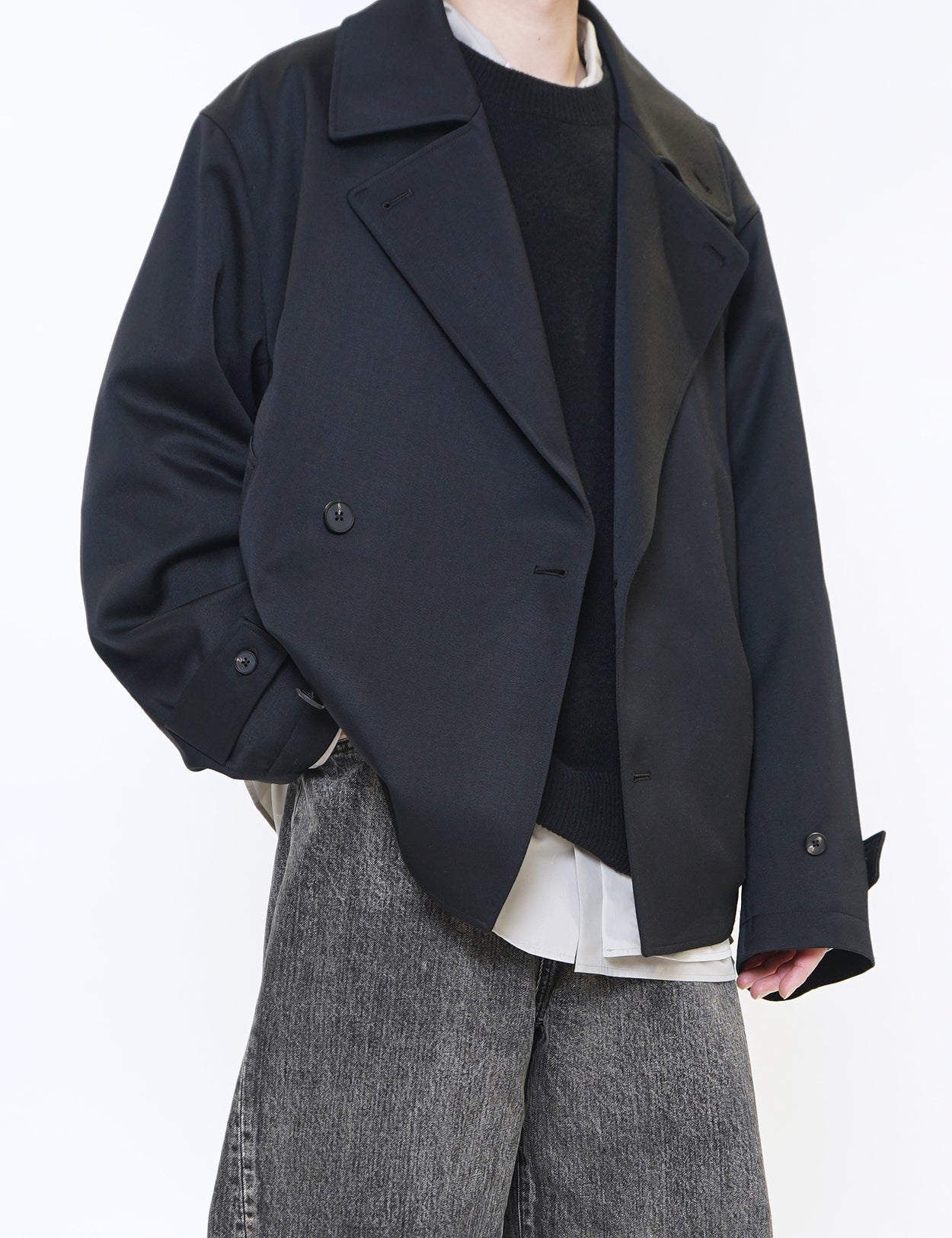 BLACK W/SI SATIN OVERSIZED DOUBLE BREAST BLOUSON