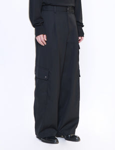 BLACK CARGO POCKET WIDE EASY TROUSERS