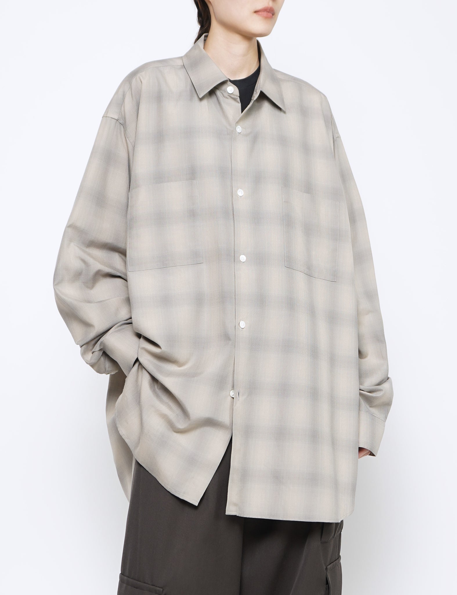 TAUPE/GREY OMBRE C/R CHECK OVERSIZED DOWN PAT SHIRT