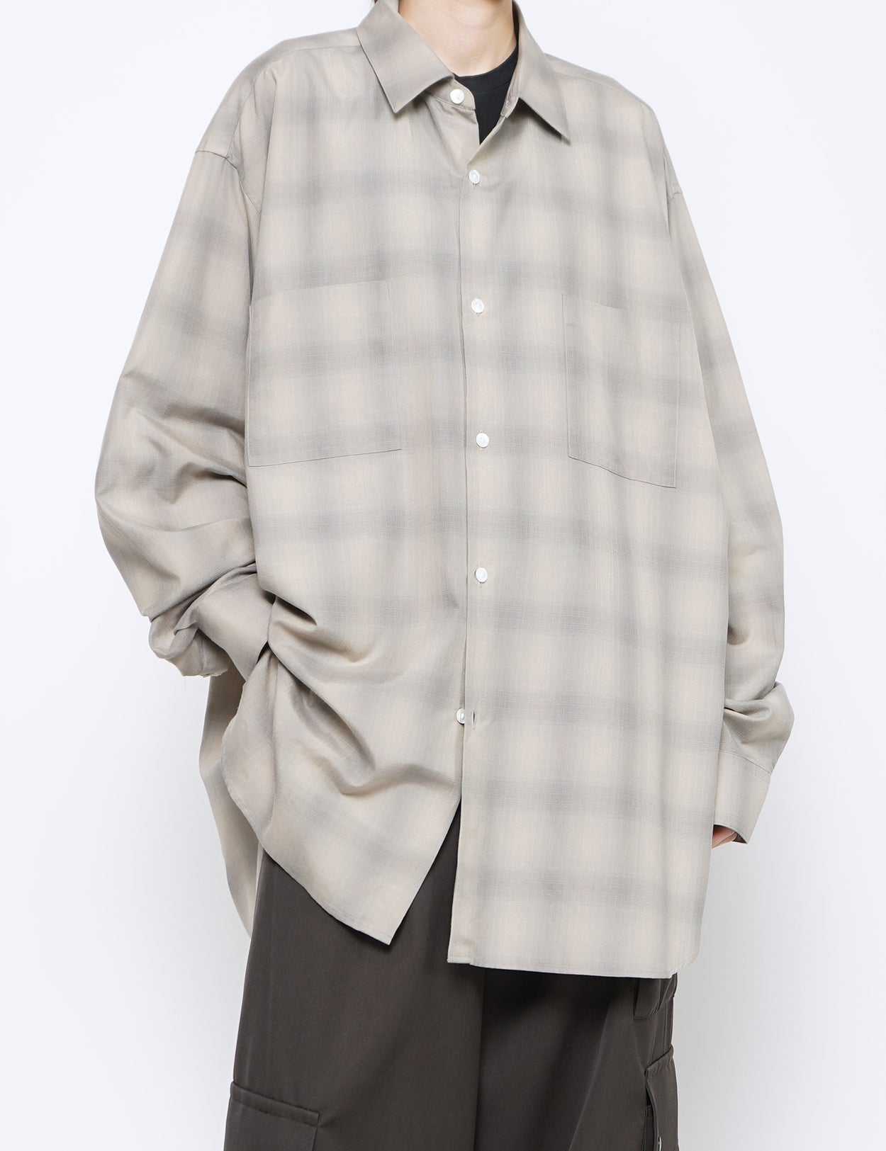 TAUPE/GREY OMBRE C/R CHECK OVERSIZED DOWN PAT SHIRT