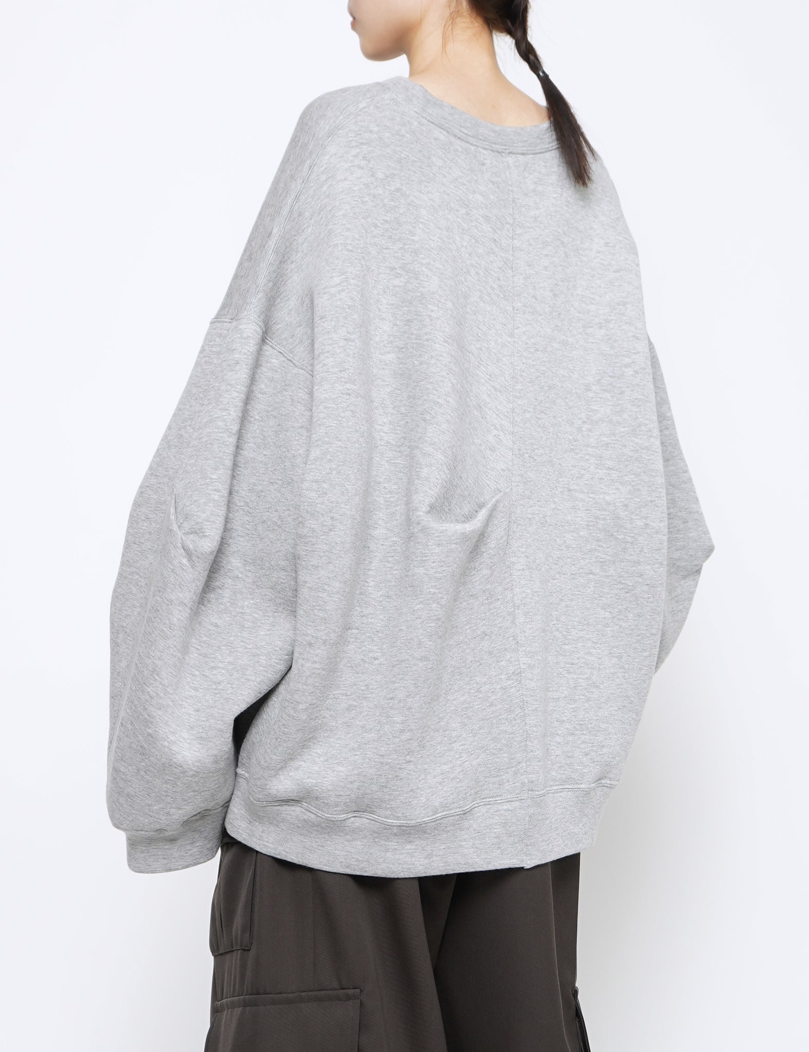 TOP GREY COTTON DOUBLE KNIT TUCKED CREW NECK LS