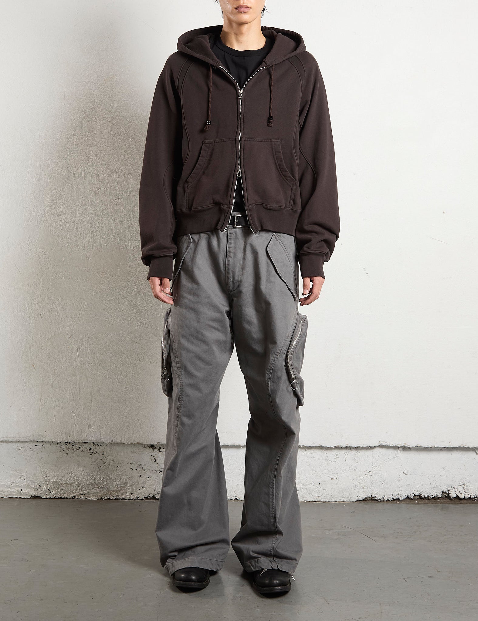 DARK BROWN PANELLED ZIP UP HOODIE