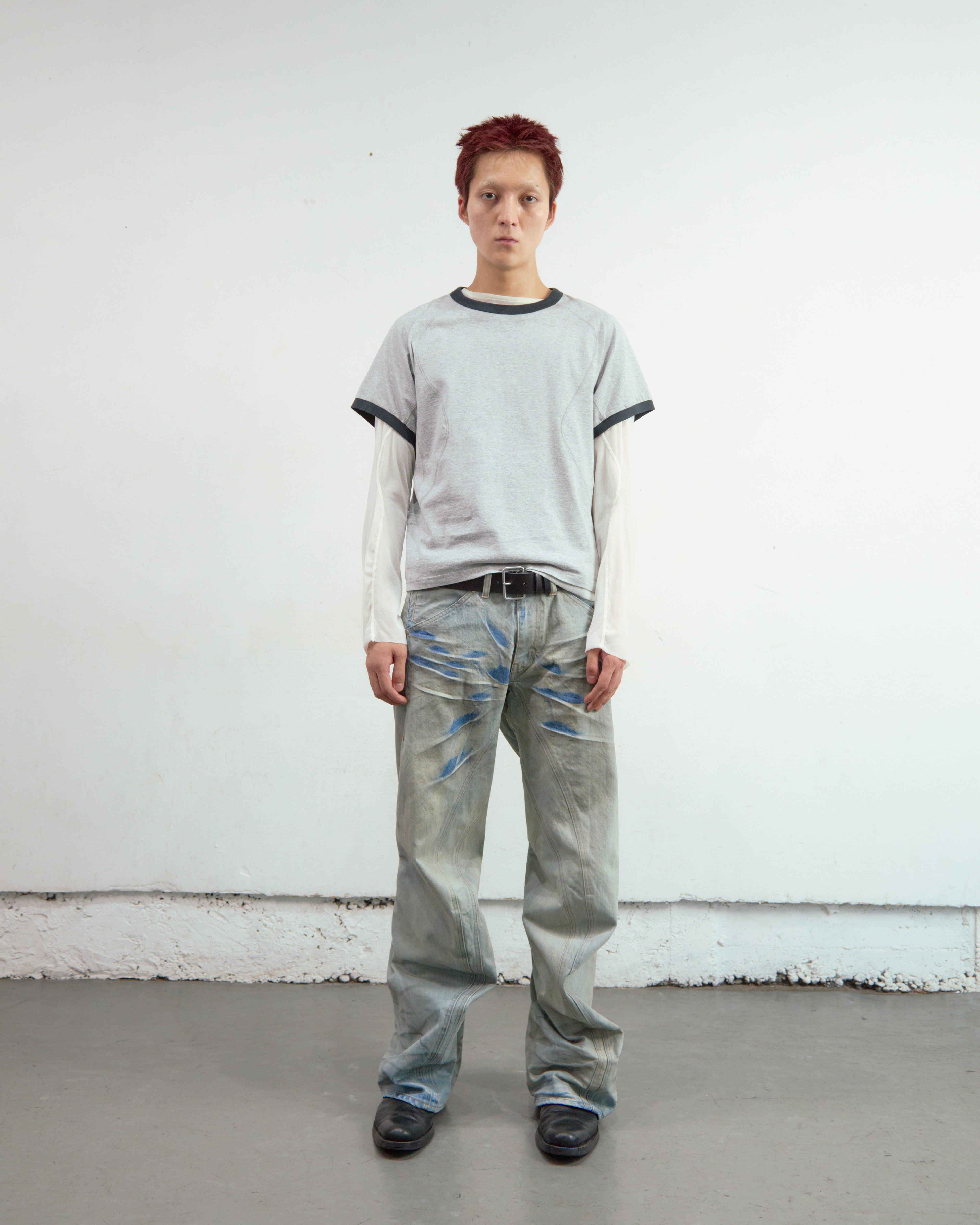 HEATHER GREY PANELLED HALF SLEEVE RINGER T-SHIRT