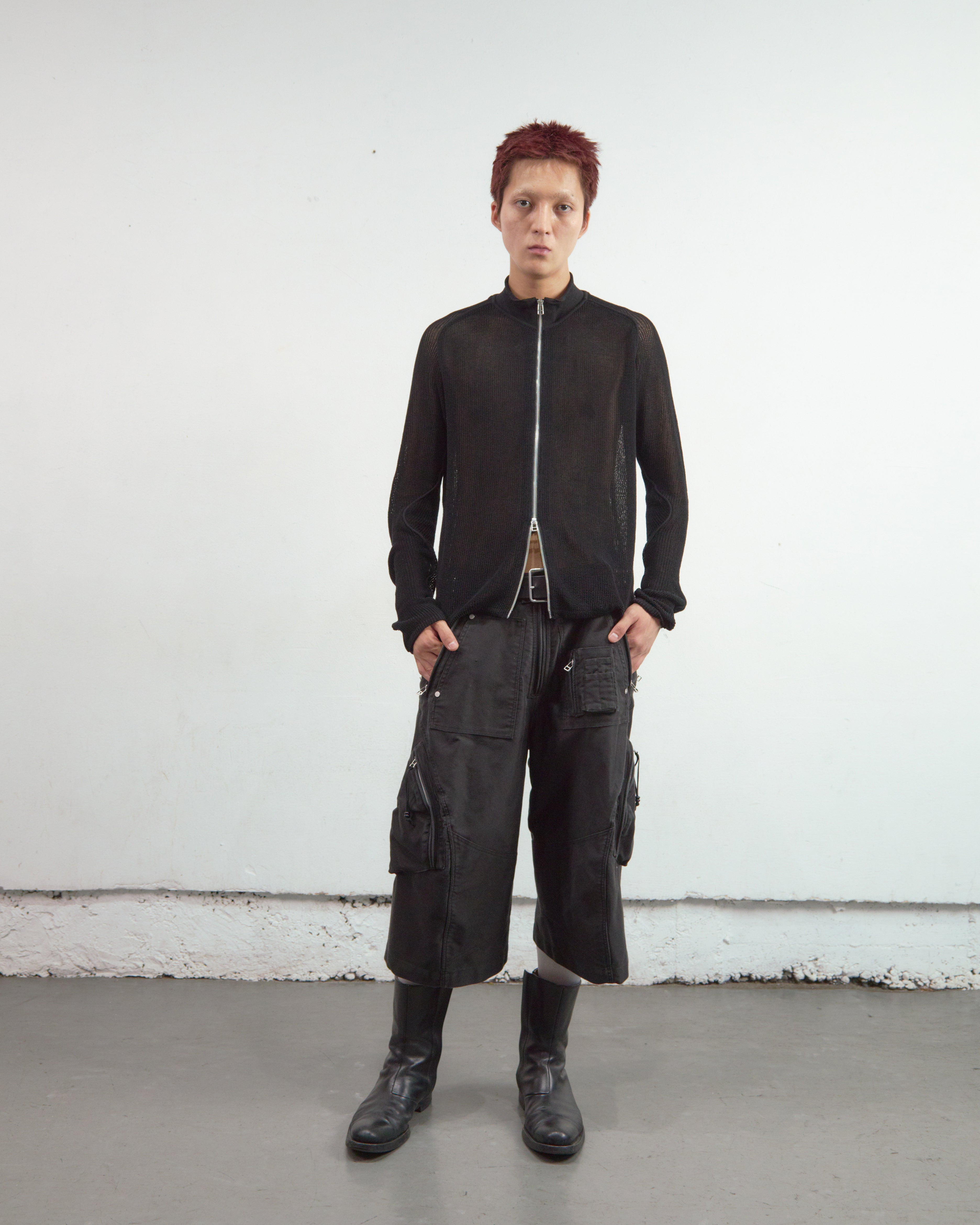 BLACK SEMI SHEER DRIVERS ZIP UP SWEATER