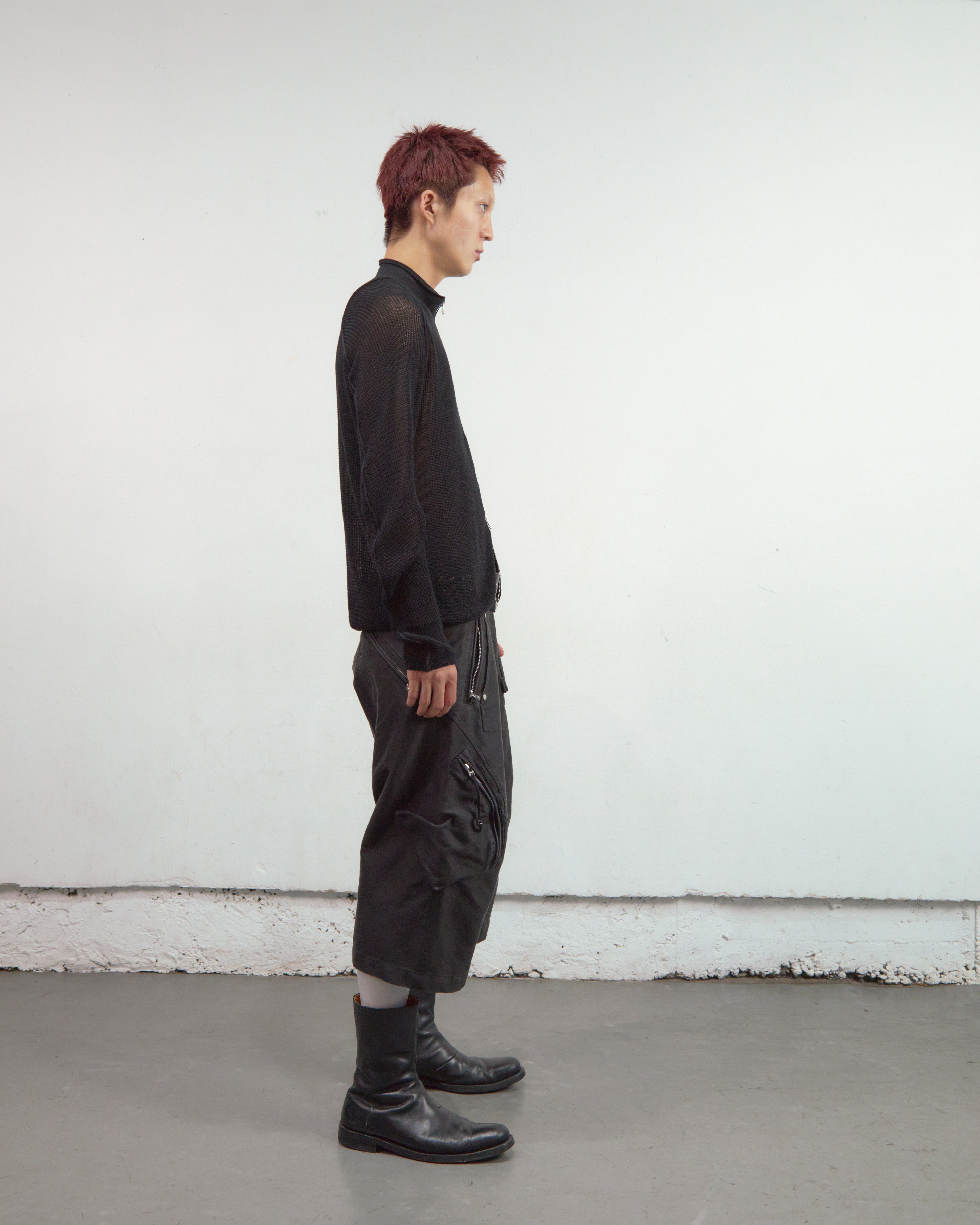 BLACK SEMI SHEER DRIVERS ZIP UP SWEATER