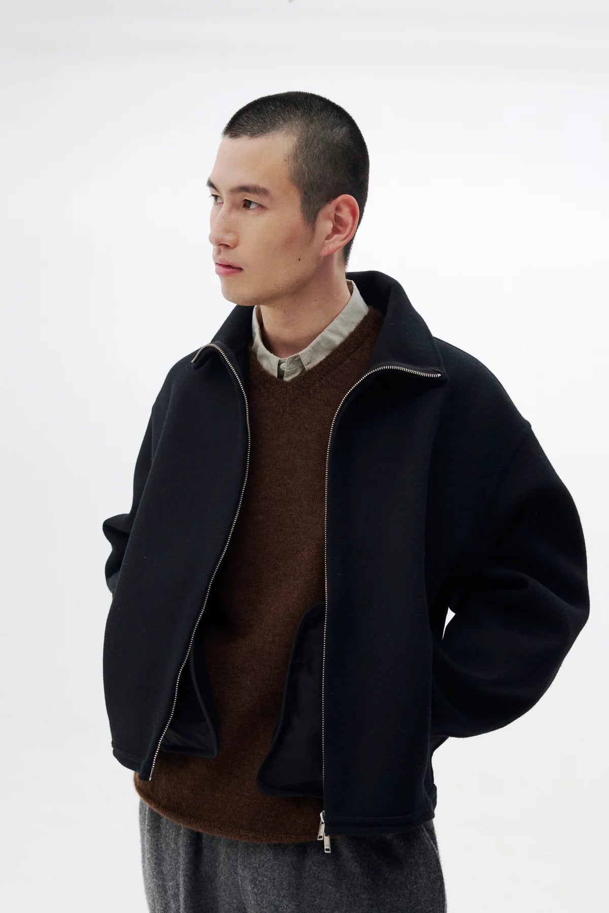 BLACK WOOL CASHMERE BALLOON SILHOUETTE BLOUSON
