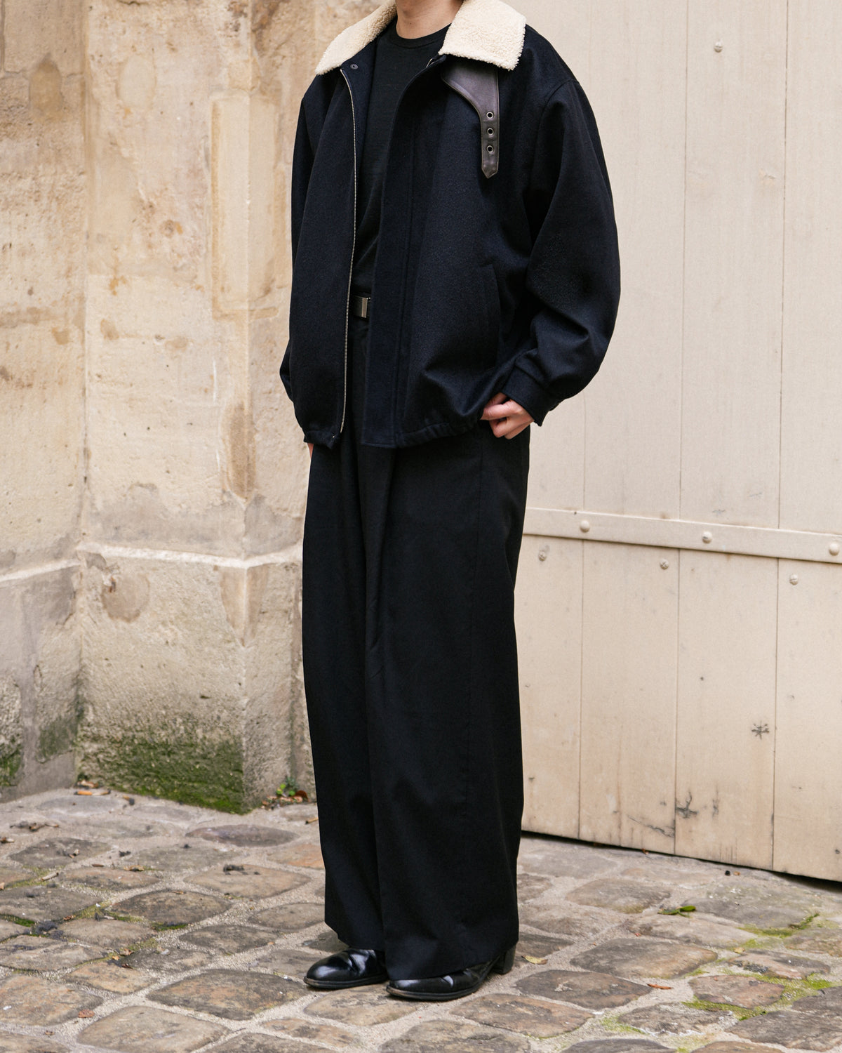 DARK NAVY MOUTON COLLAR WOOL CASHMERE PADDED JACKET