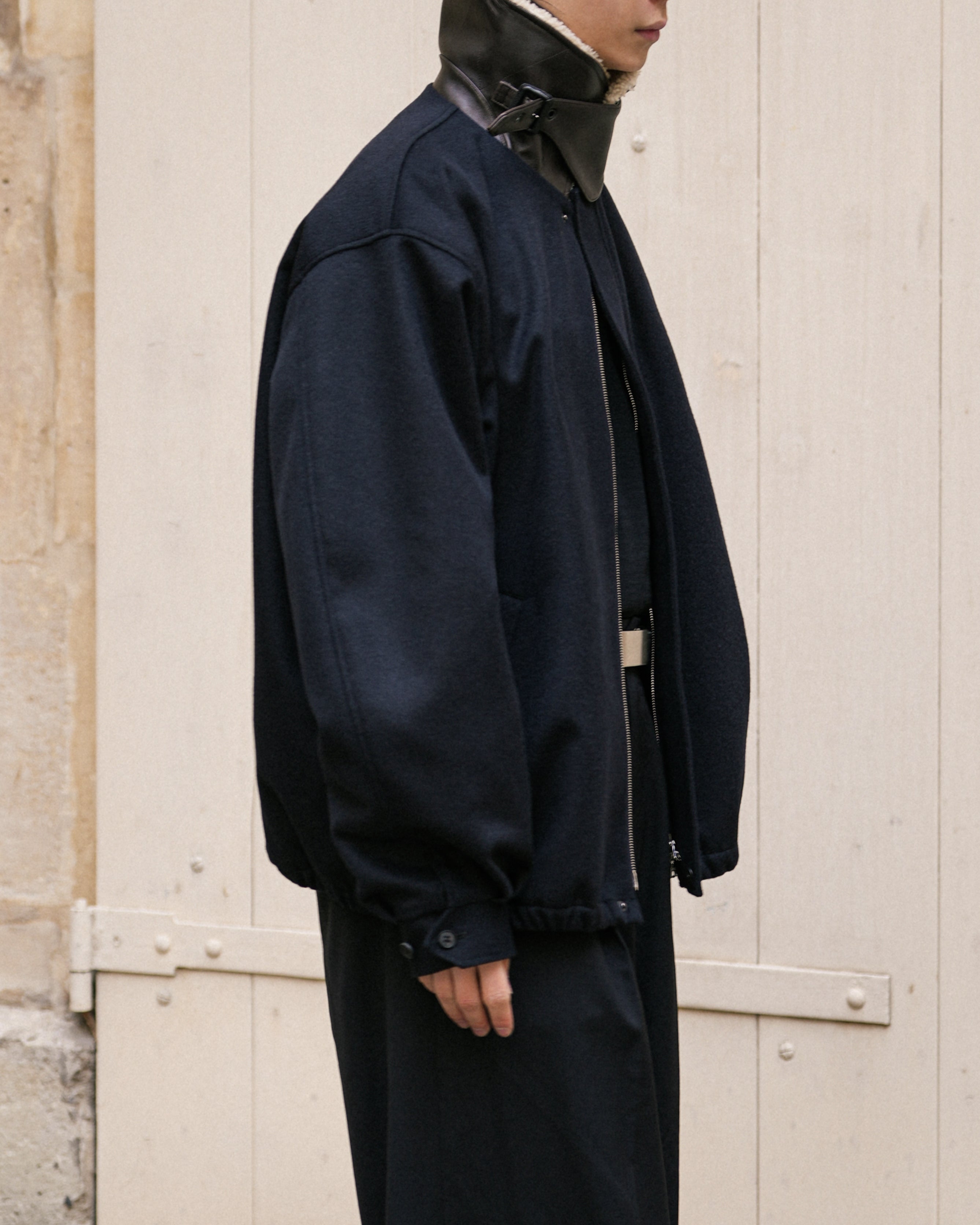 DARK NAVY MOUTON COLLAR WOOL CASHMERE PADDED JACKET