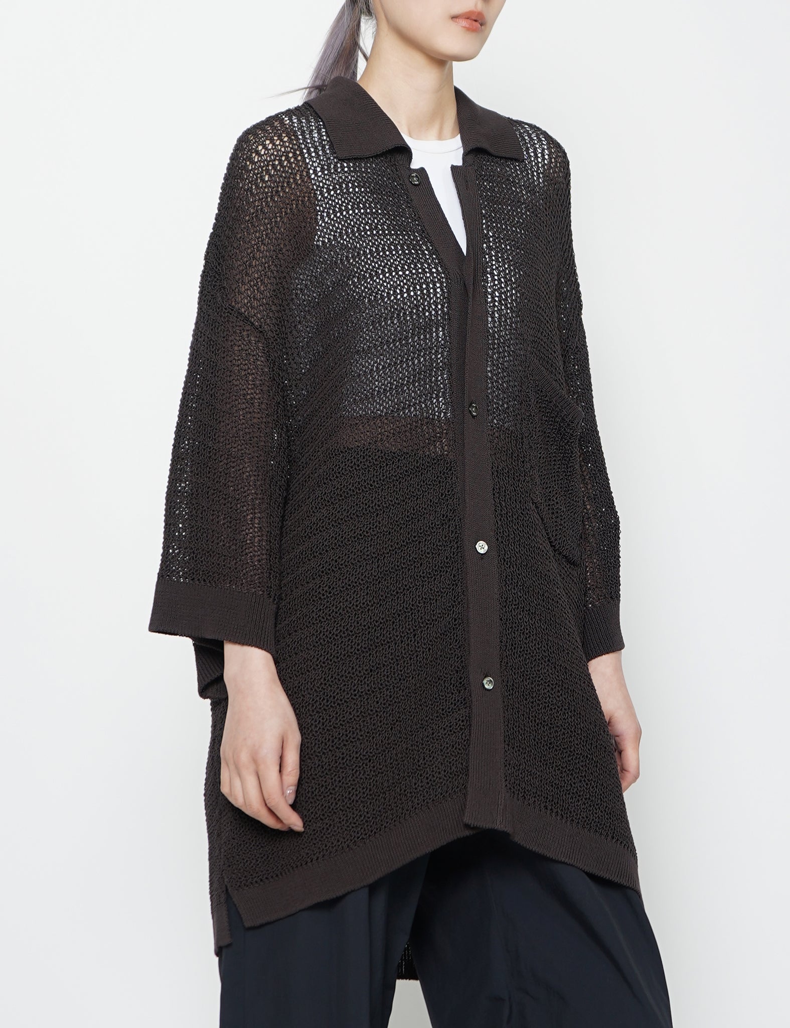 BROWN COTTON MESH KNIT SHIRT