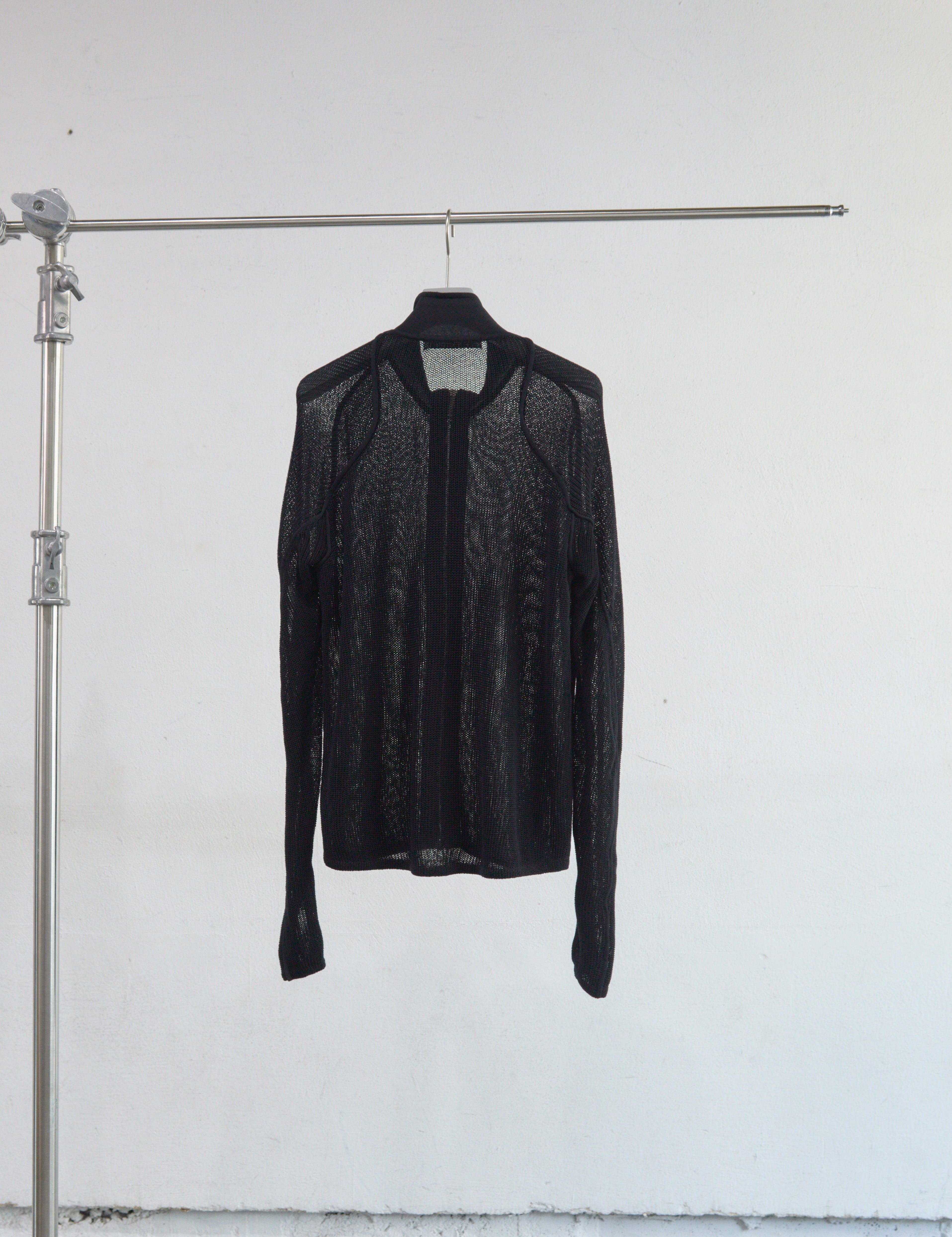 BLACK SEMI SHEER DRIVERS ZIP UP SWEATER