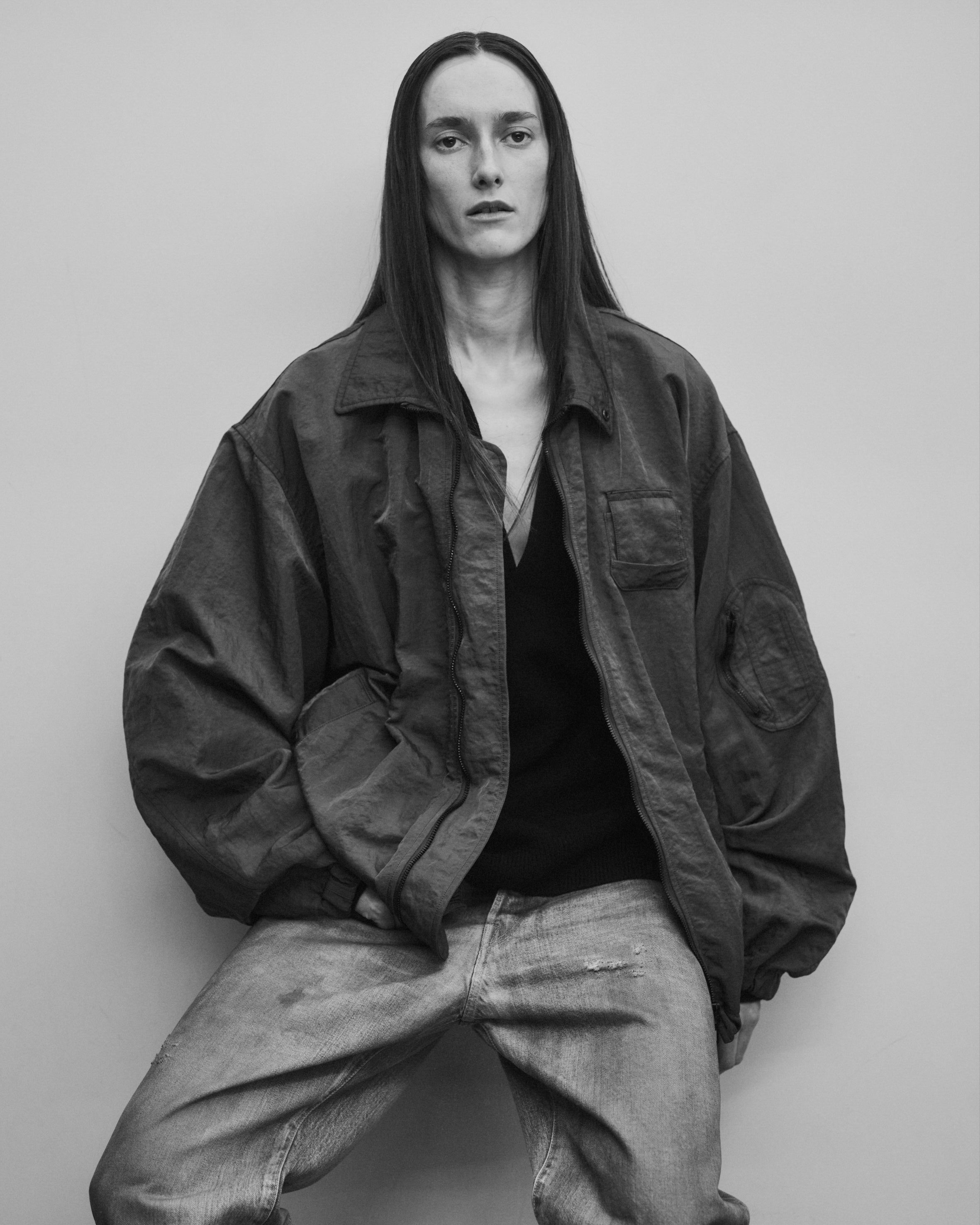 BLACK BIO WASHED NYLON OVERSIZED FIGHT JACKET