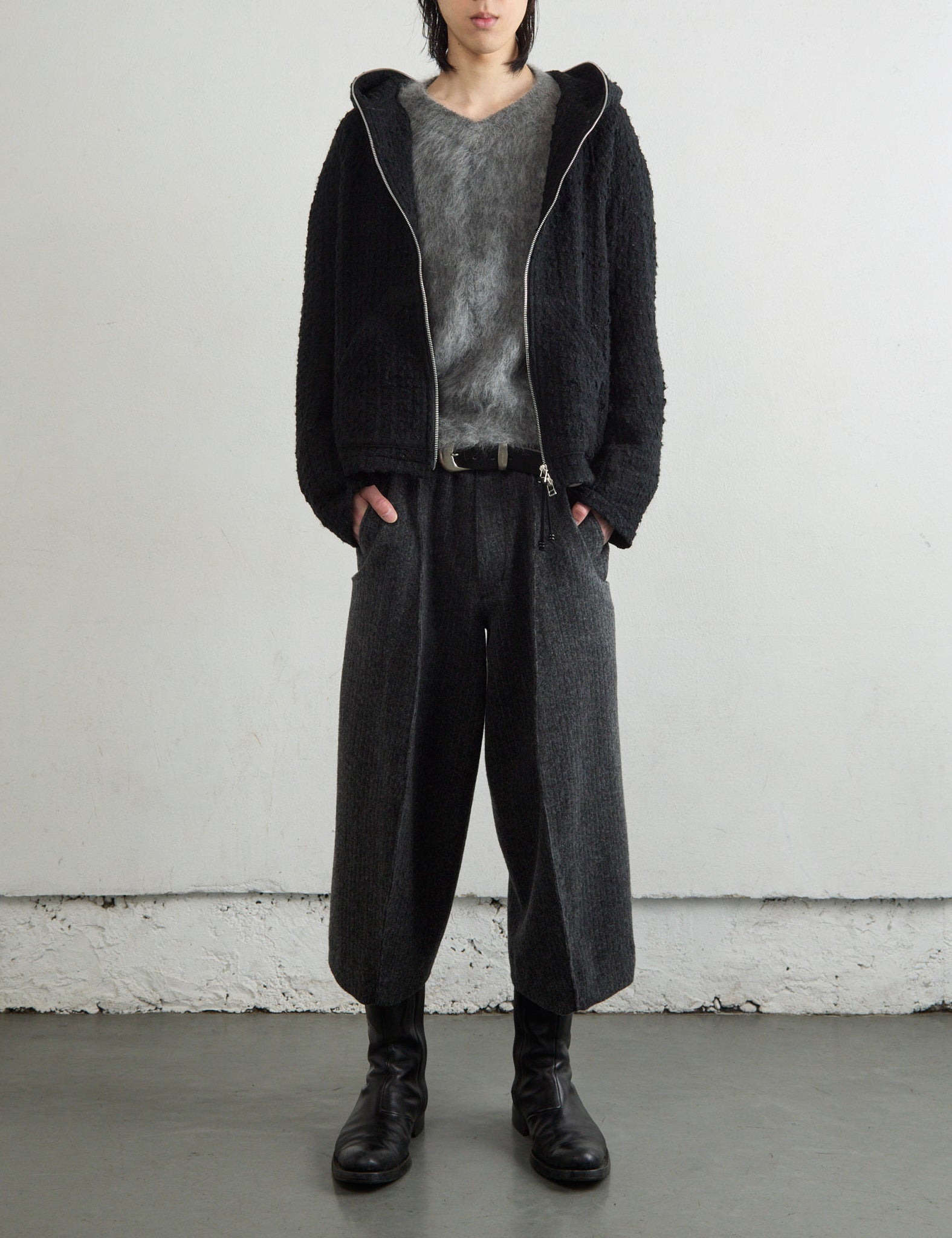 BLACK TWEED FULL ZIP UP HOODIE