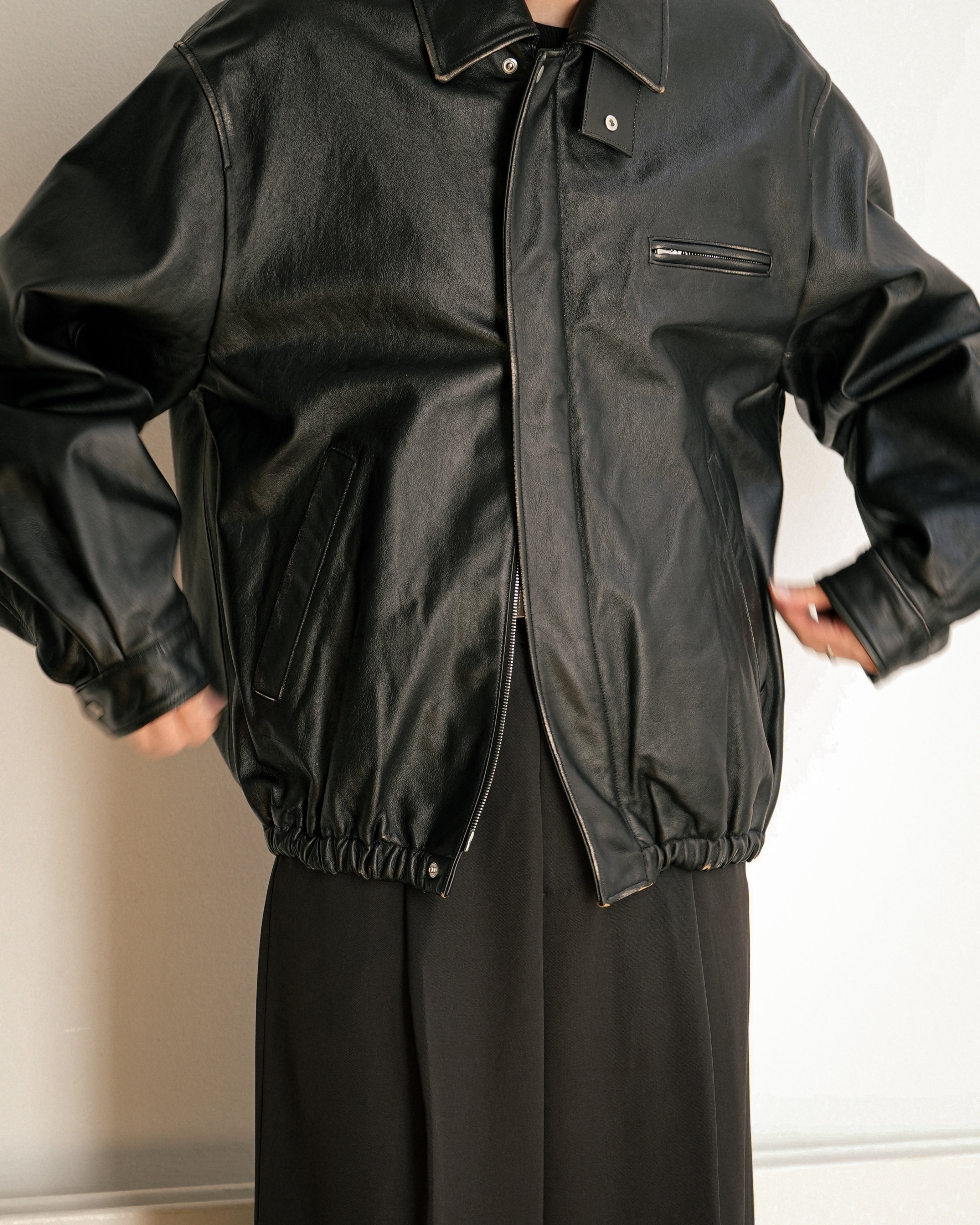 BLACK COW LEATHER VINTAGE ZIP JACKET