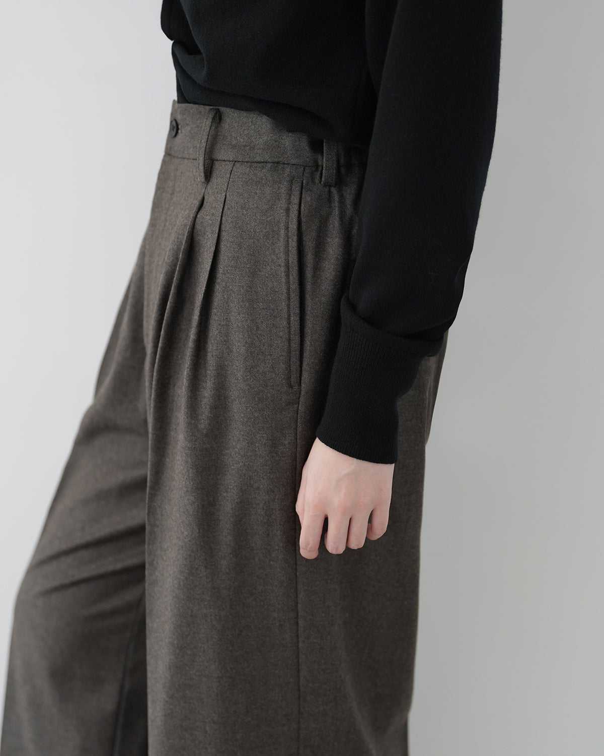 CHARCOAL BROWN EXTRA FINE WOOL EASY LONG WIDE TROUSERS