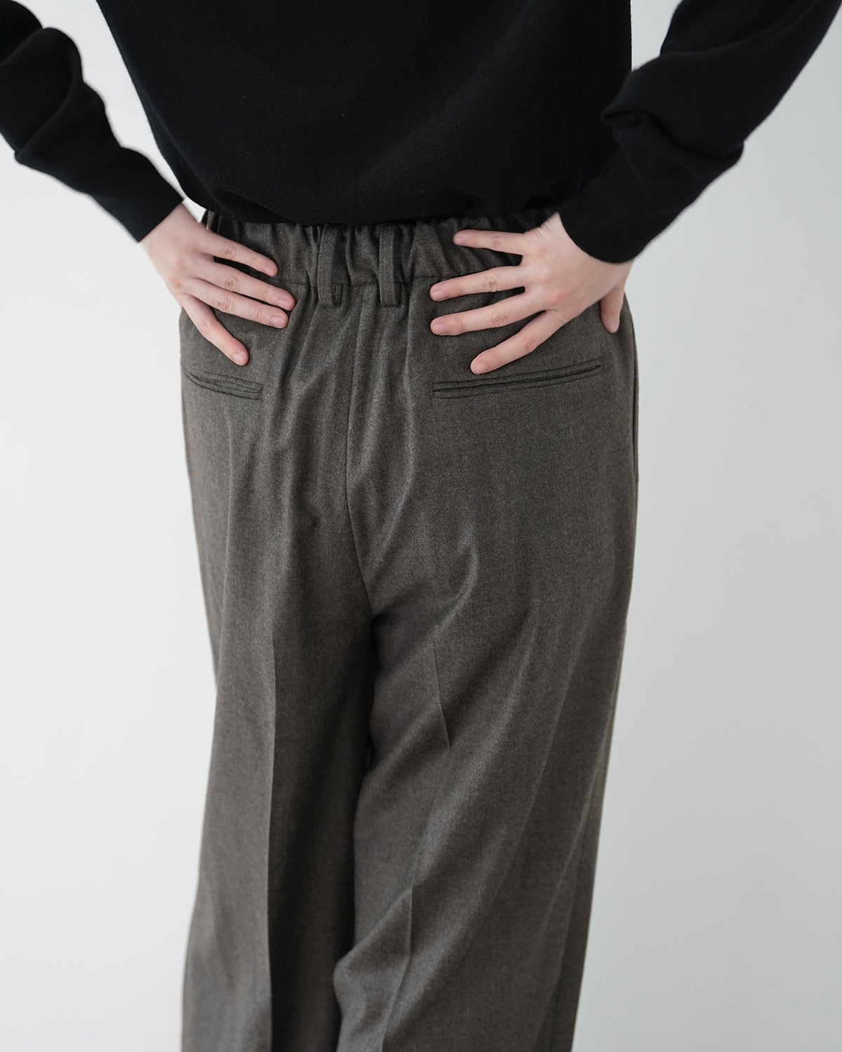 CHARCOAL BROWN EXTRA FINE WOOL EASY LONG WIDE TROUSERS