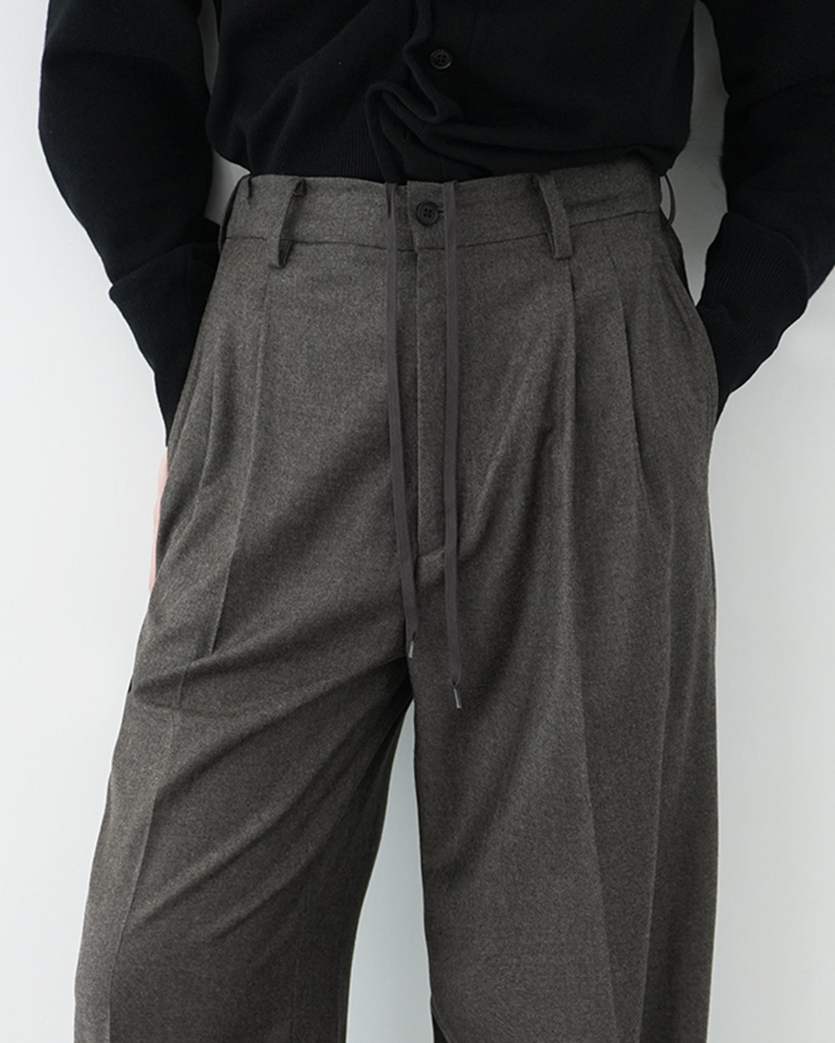 CHARCOAL BROWN EXTRA FINE WOOL EASY LONG WIDE TROUSERS