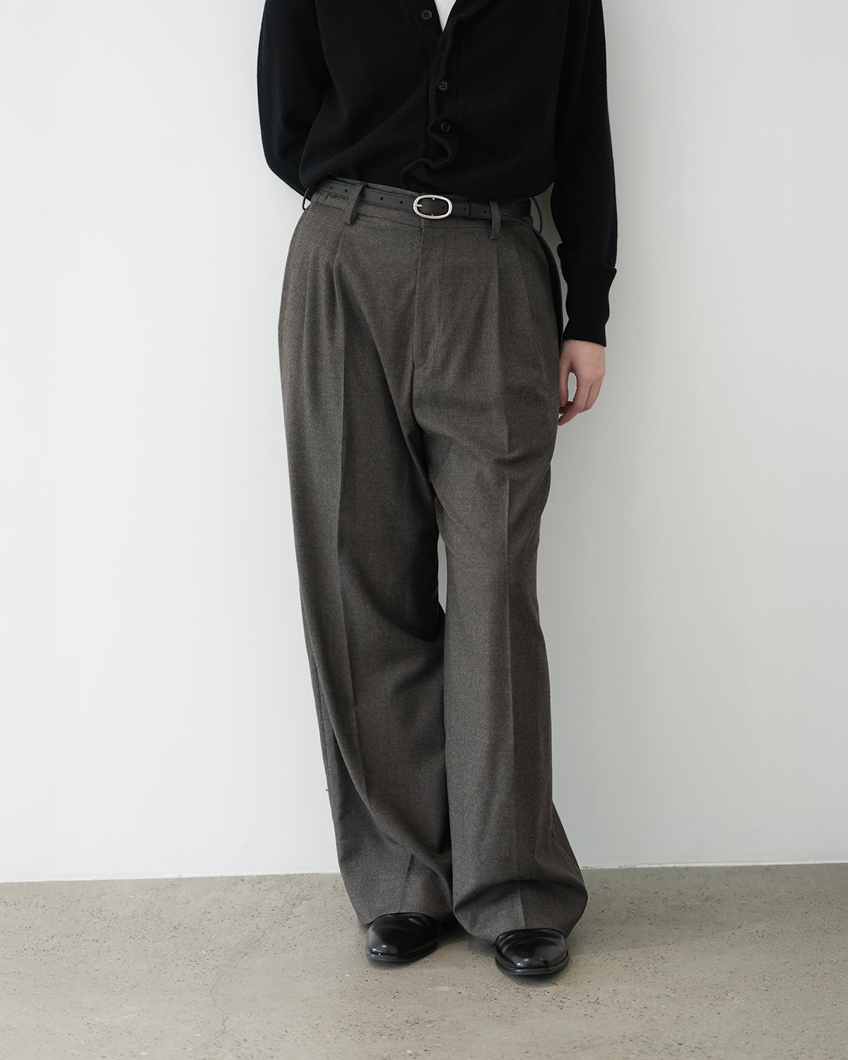 CHARCOAL BROWN EXTRA FINE WOOL EASY LONG WIDE TROUSERS