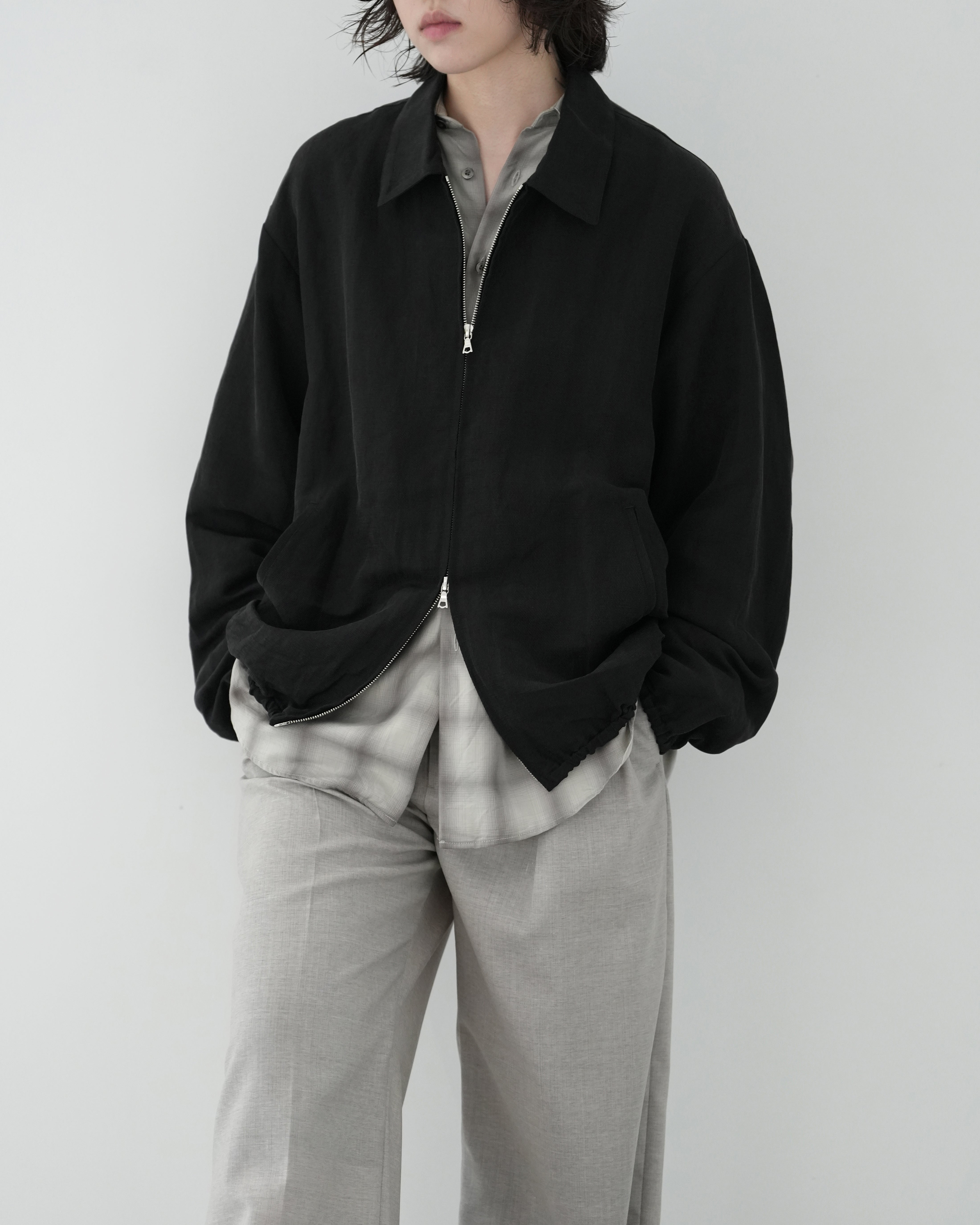 BLACK SILK LINEN TWILL LIGHT ZIP JACKET