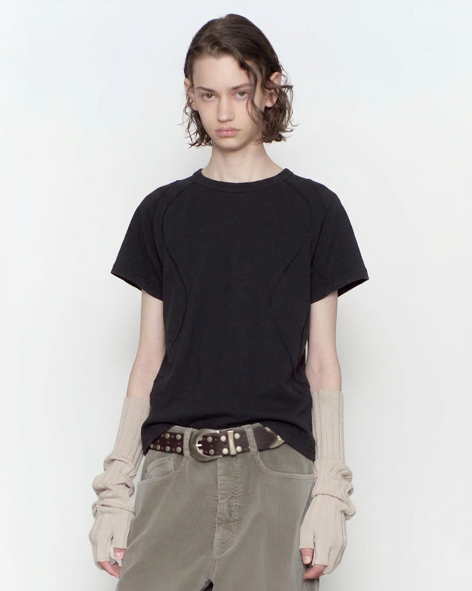 FADED BLACK PANELED HALF SLEEVE T-SHIRT