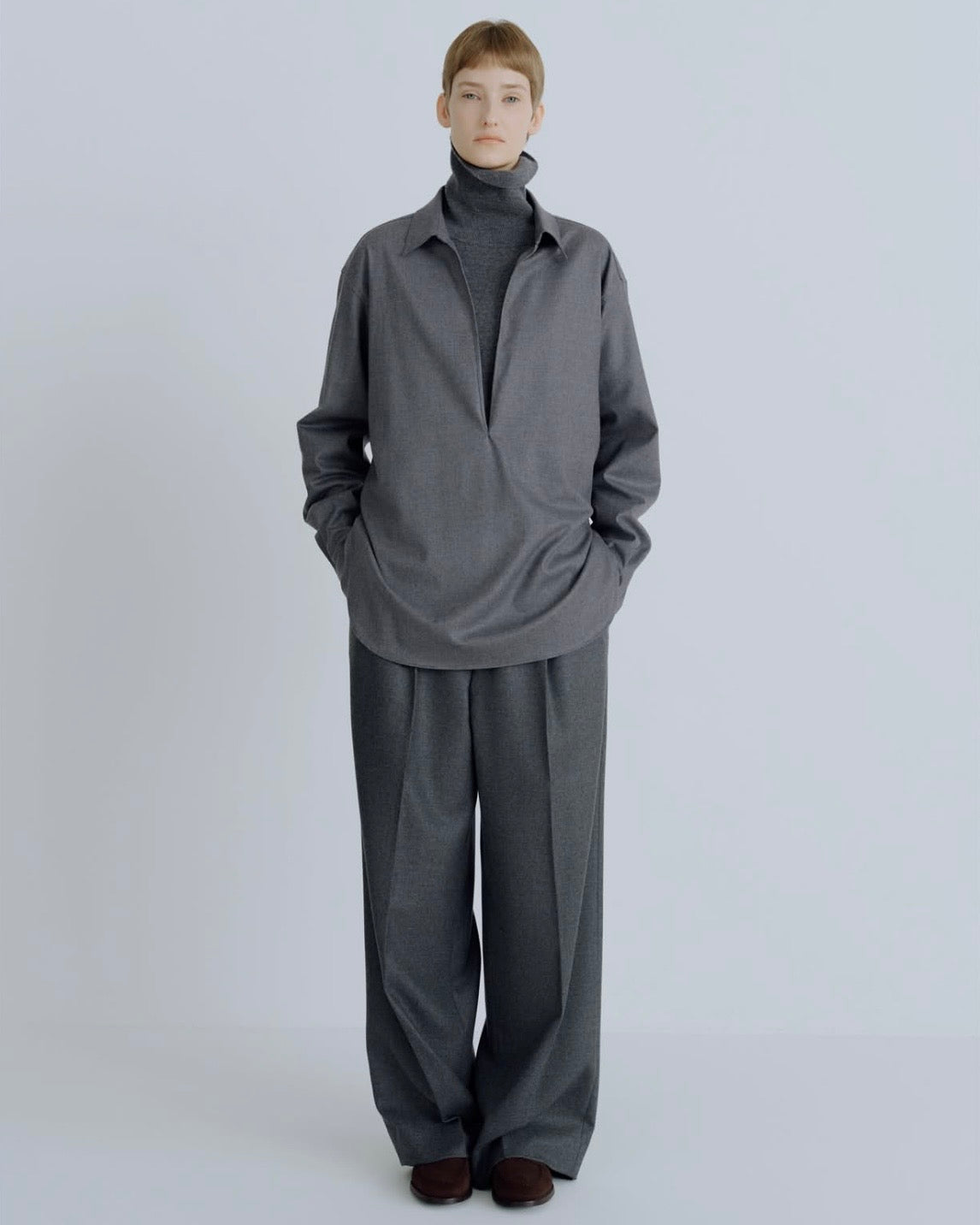 BLACK WOOL FLANNEL OVERSIZED SKIPPER SHIRT