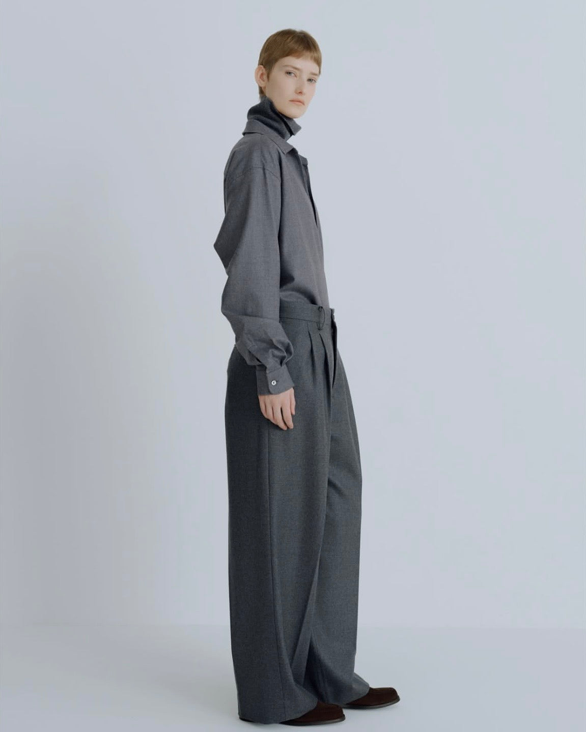 BLACK WOOL FLANNEL OVERSIZED SKIPPER SHIRT