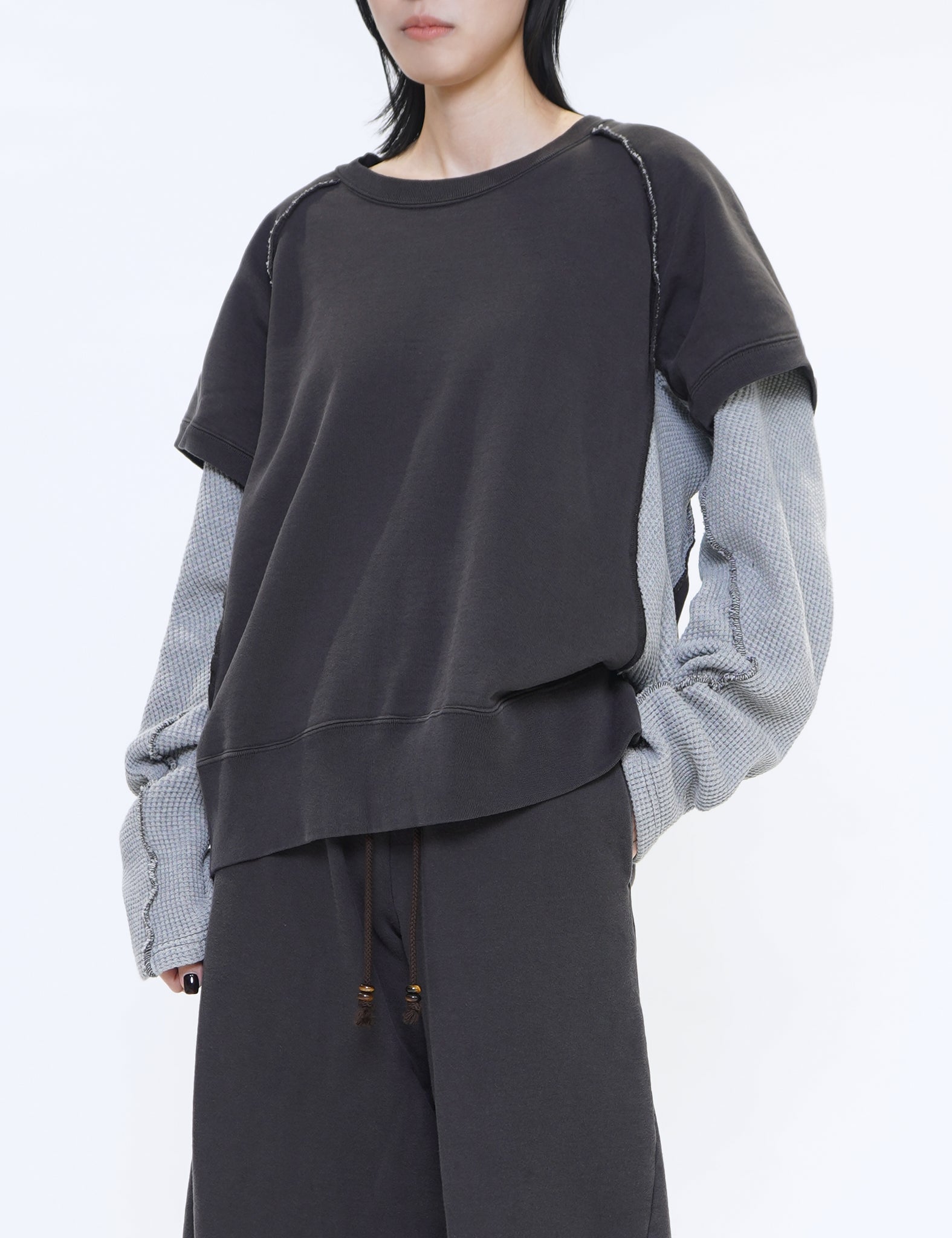 NVRFRGT DARK BROWN PANELLED LAYER CREW NECK SWEATSHIRT NVRFRGT DARK BROWN PANELLED LAYER CREW NECK SWEATSHIRT