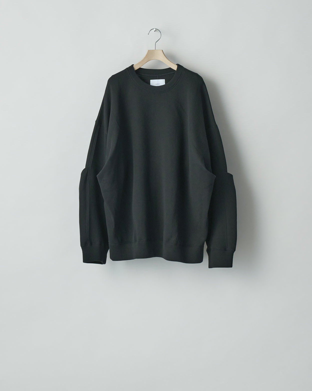 BLACK COTTON DOUBLE KNIT TUCKED CREW NECK LS