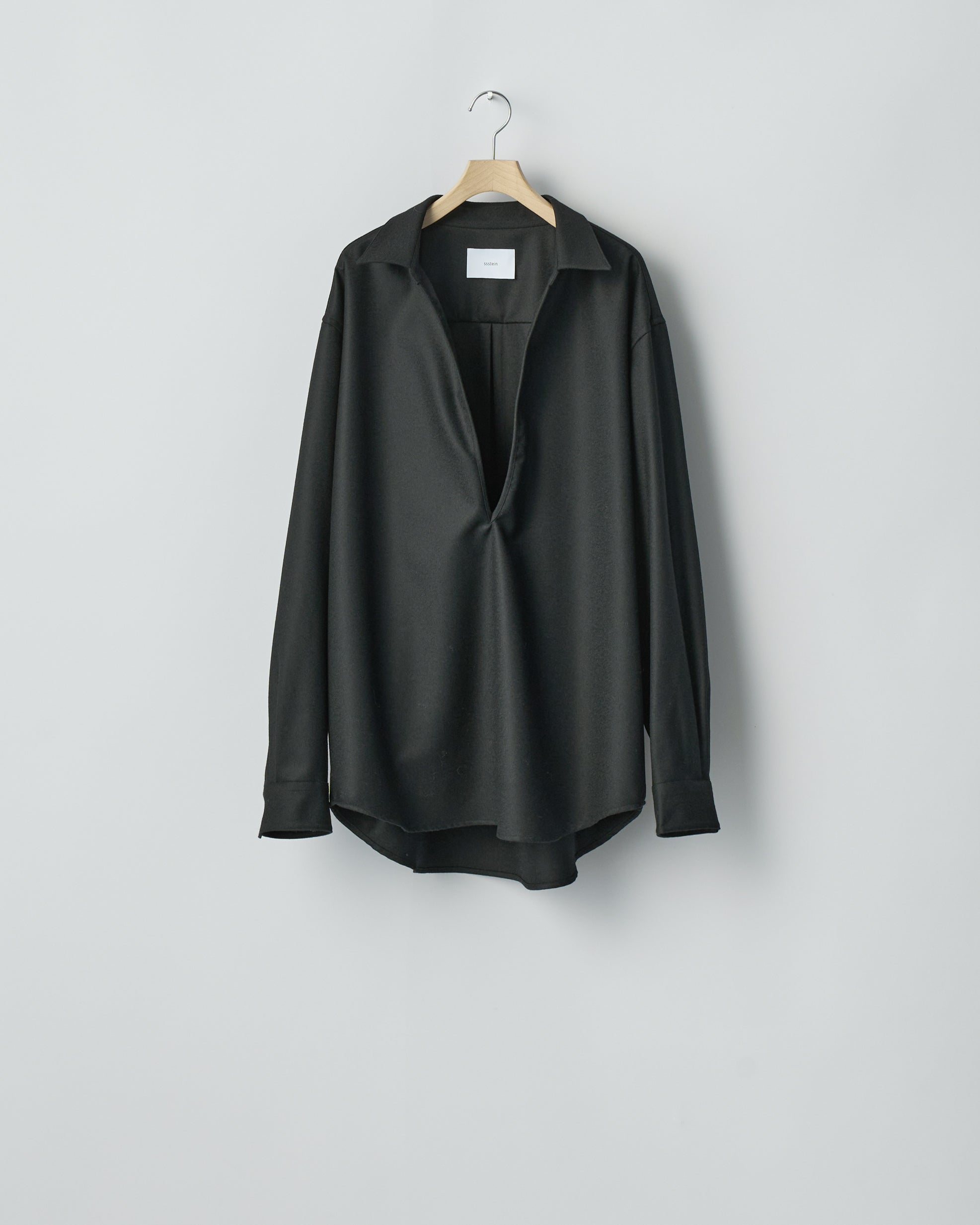 BLACK WOOL FLANNEL OVERSIZED SKIPPER SHIRT