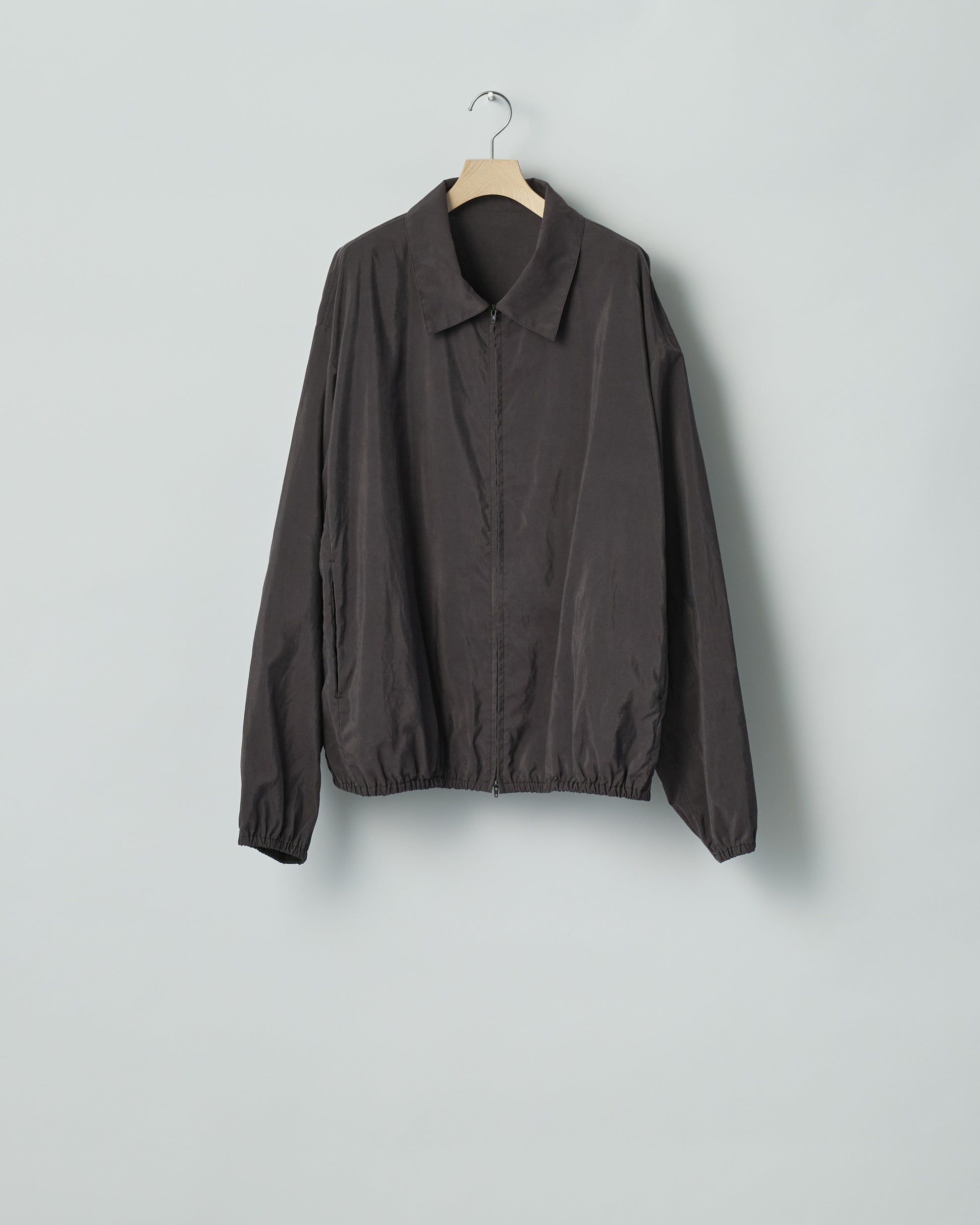 CHARCOAL BROWN SILK NYLON COLLARED ZIP JACKET