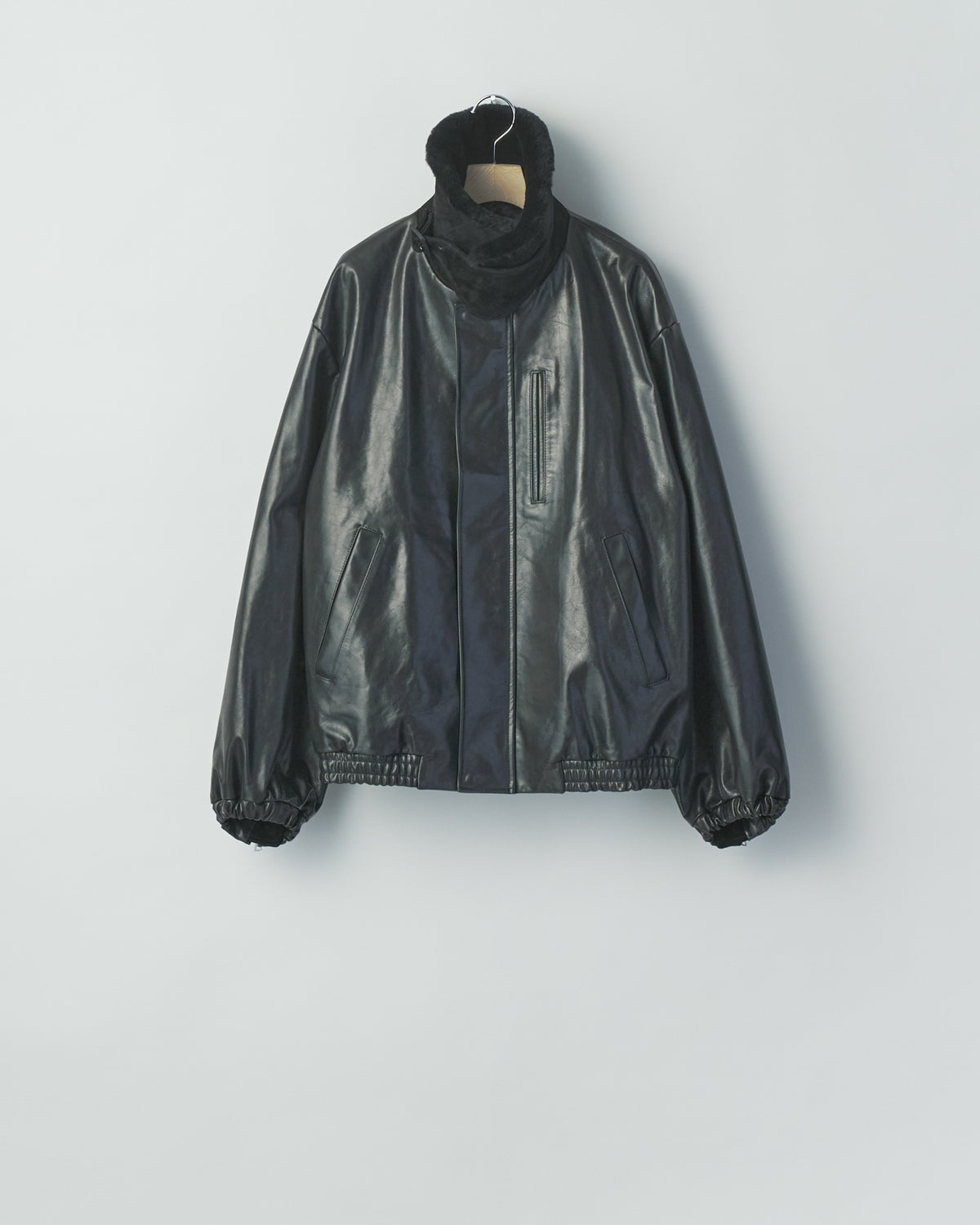 BLACK MOUTON COLLAR CALF ZIP JACKET