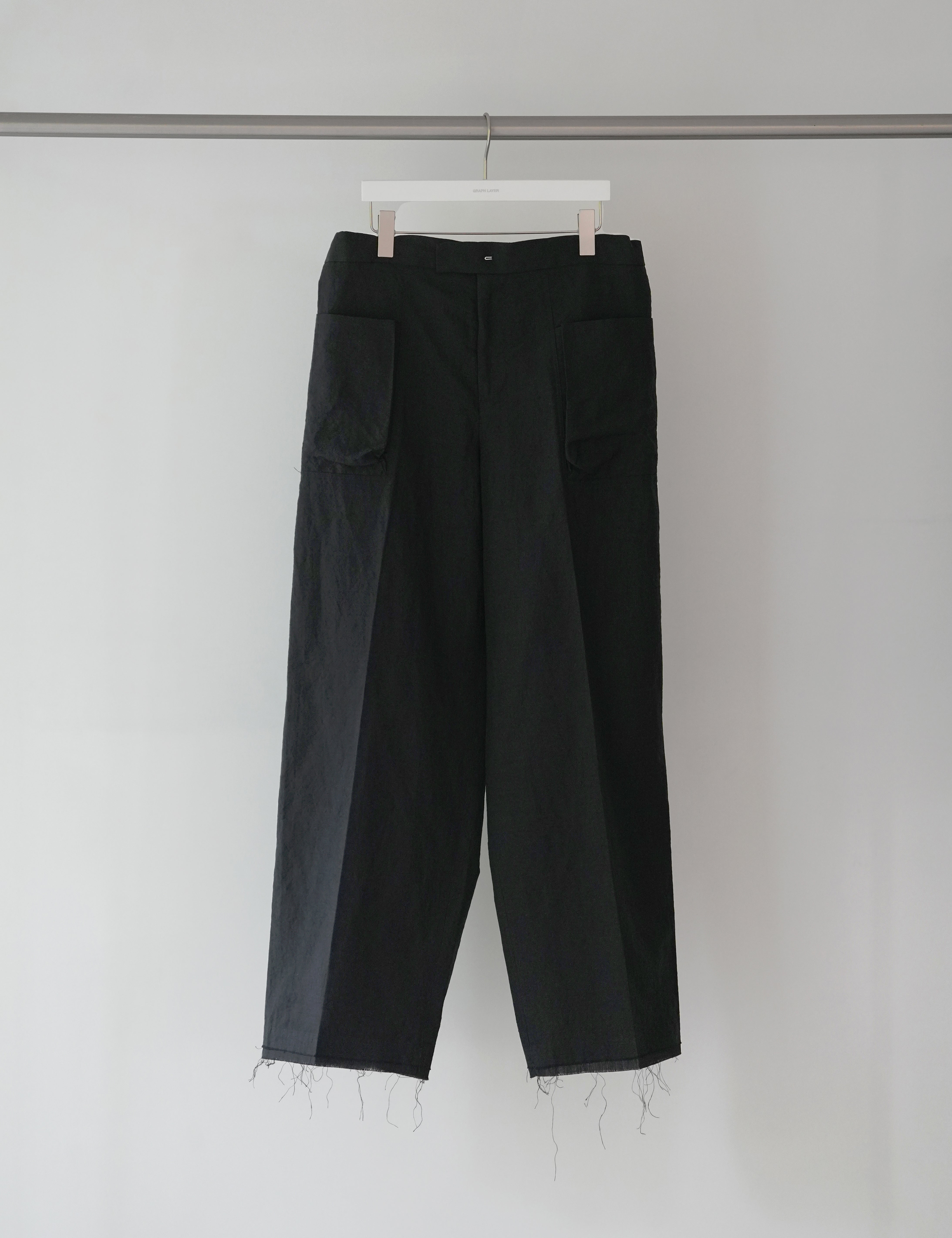 BLACK WOOL LINEN WIDE TROUSERS