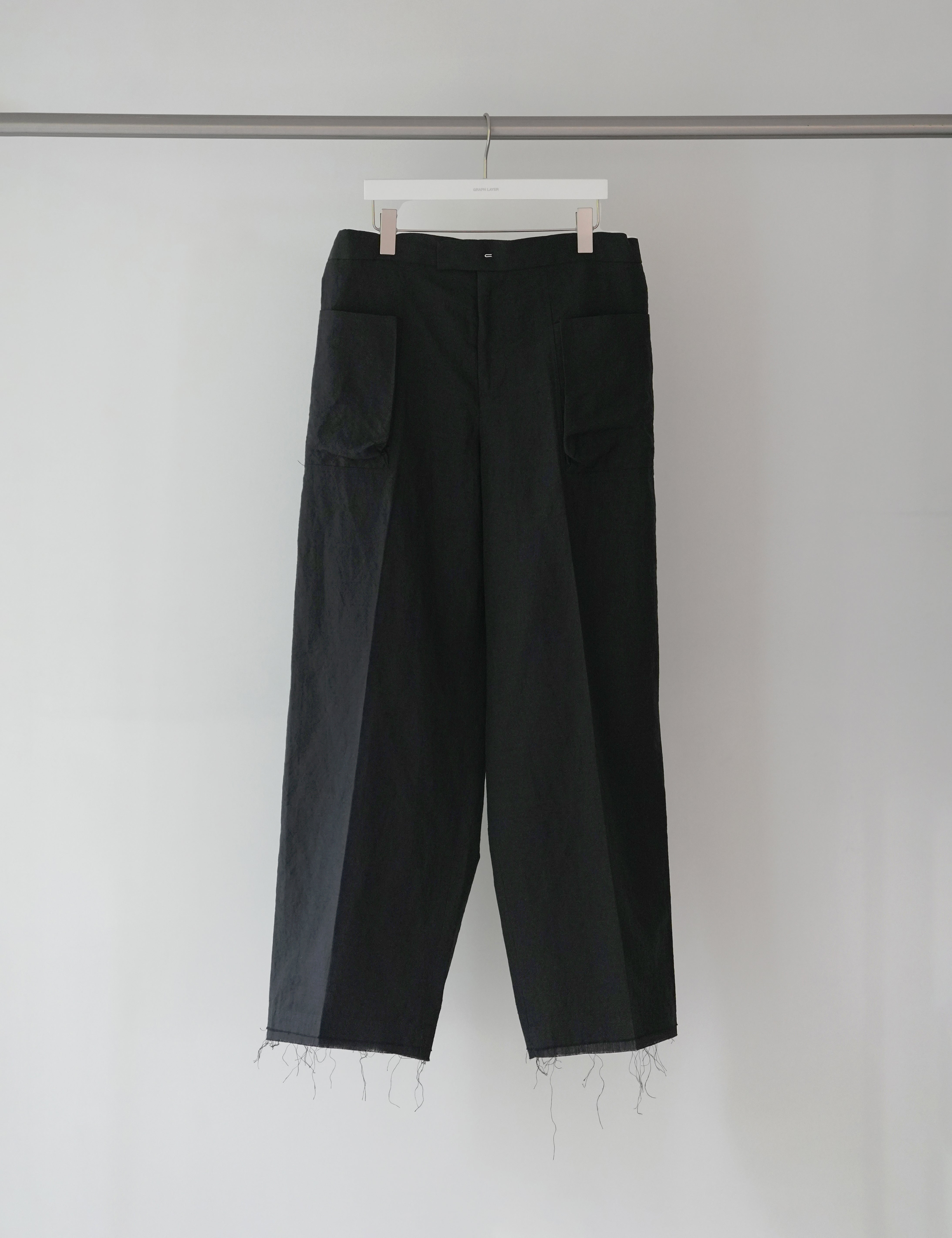 BLACK WOOL LINEN WIDE TROUSERS