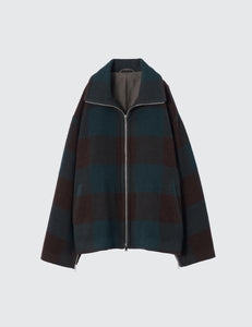 GREEN BUFFALO PLAID STAND COLLAR ZIP BLOUSON