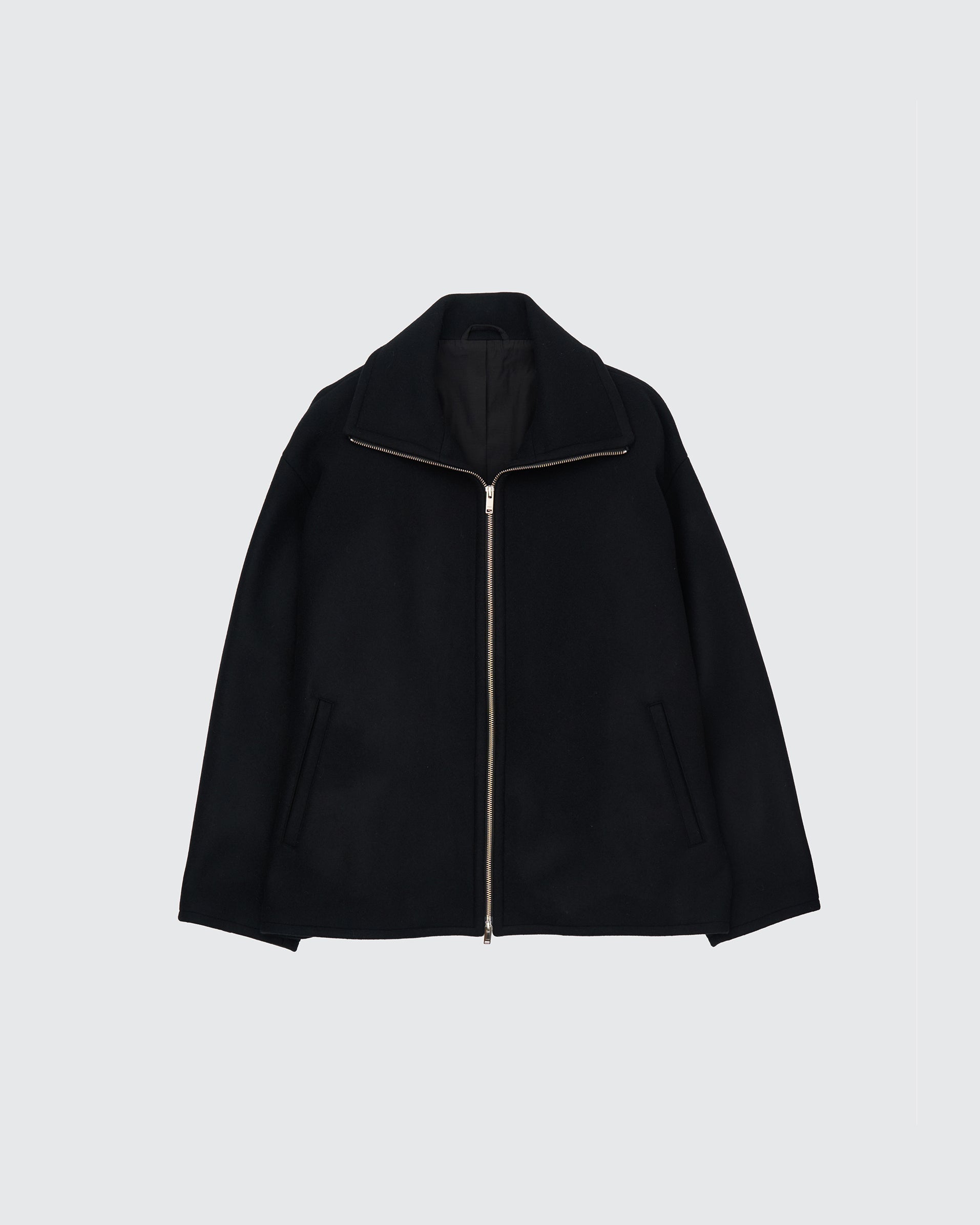 BLACK MELTON STAND COLLAR ZIP BLOUSON