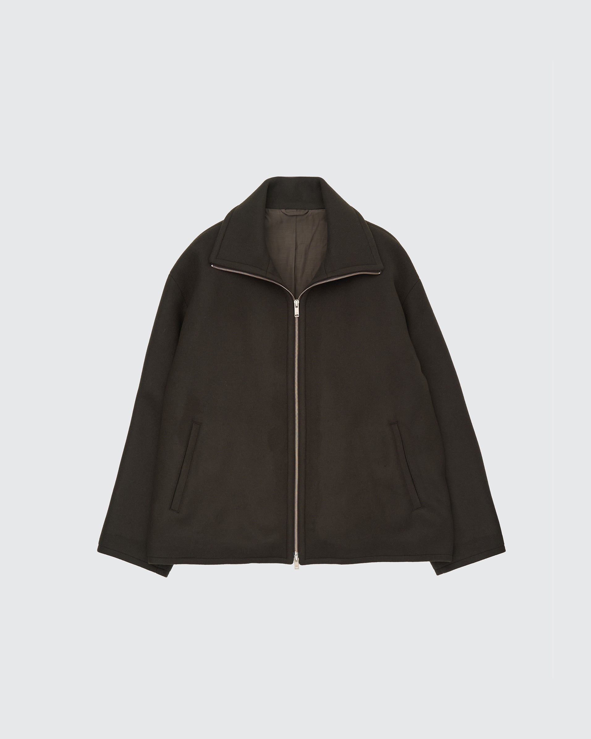 DARK OLIVE MELTON STAND COLLAR ZIP BLOUSON