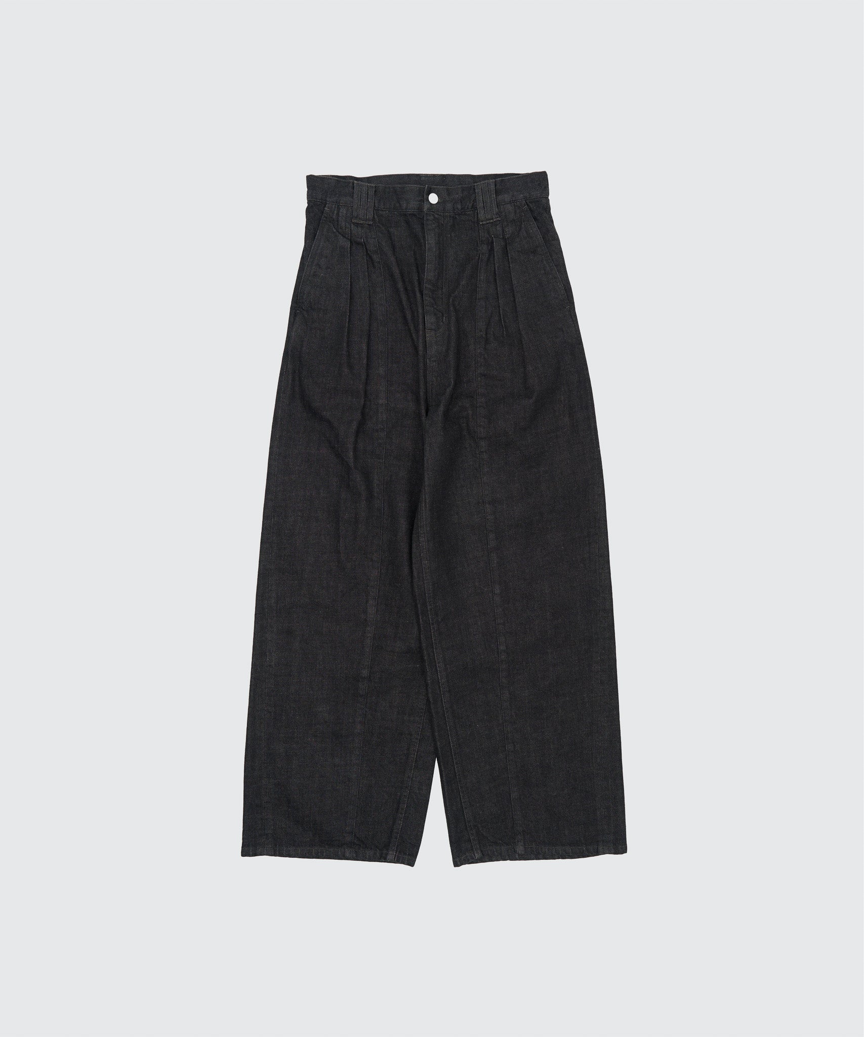 BLACK DENIM 3PLEATED WIDE-LEG TROUSERS