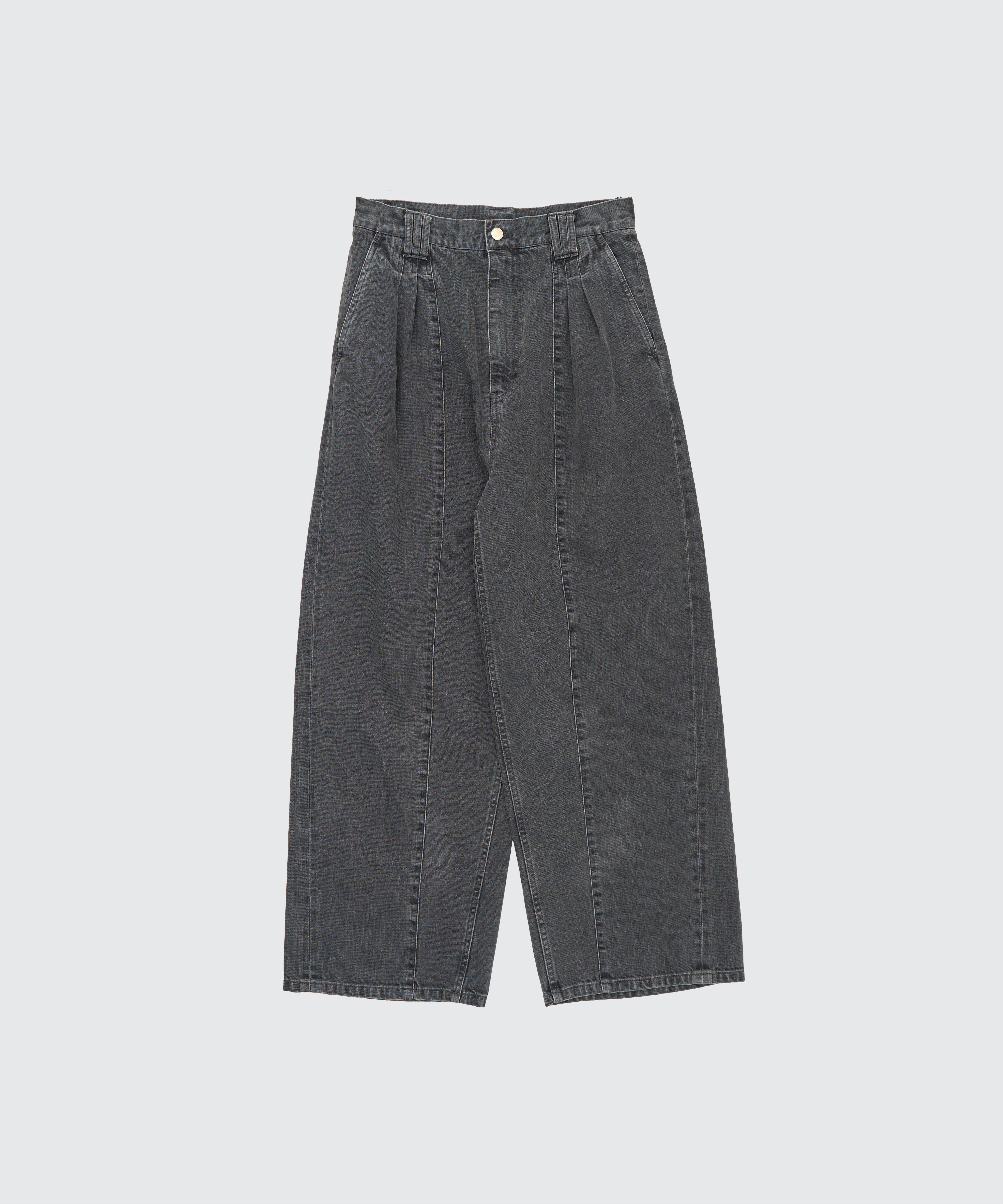 BLACK VINTAGED WASH DENIM 3PLEATED WIDE-LEG TROUSERS