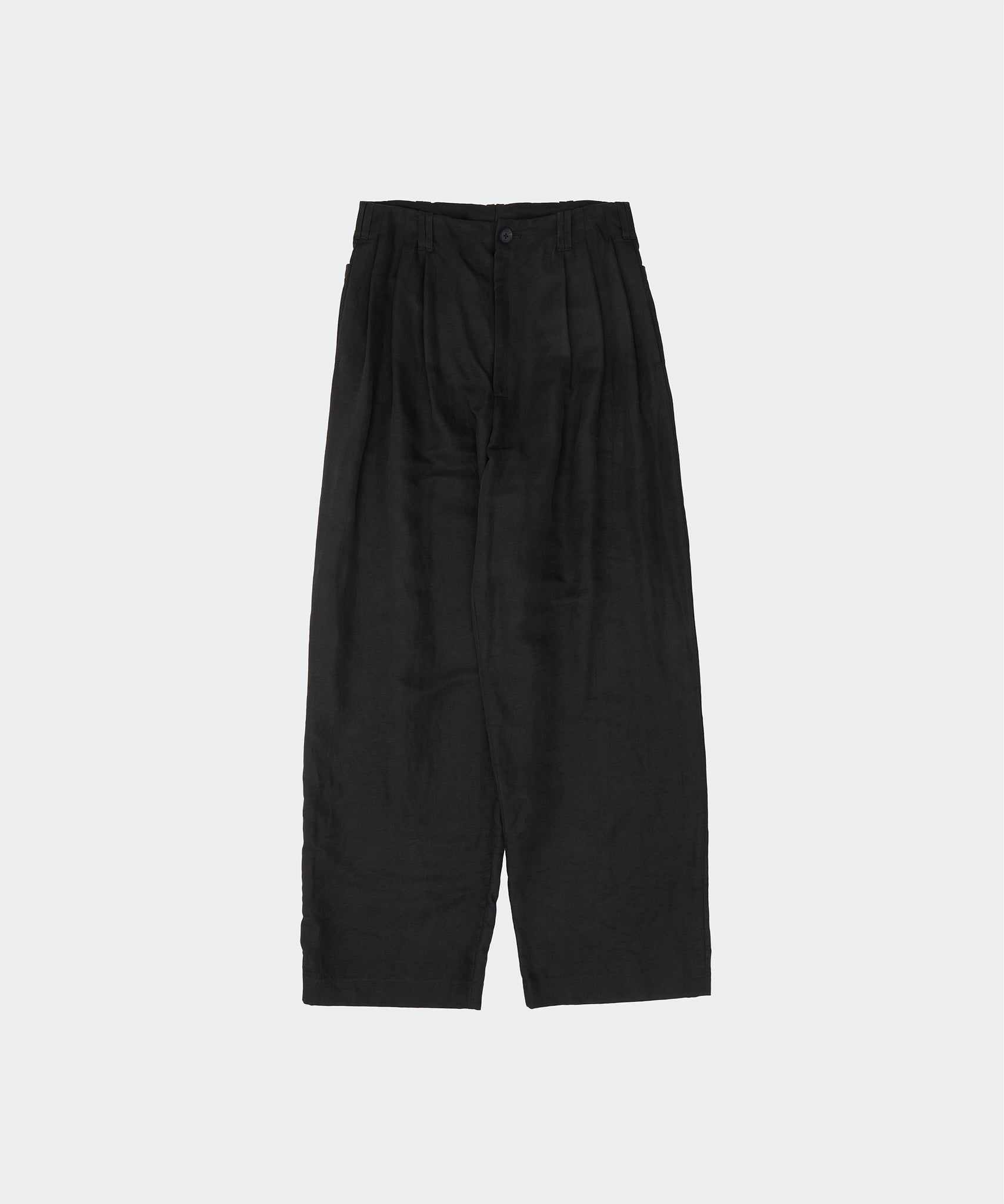 BLACK LINEN SILK KERSEY 3PLEATED TAPERED TROUSERS
