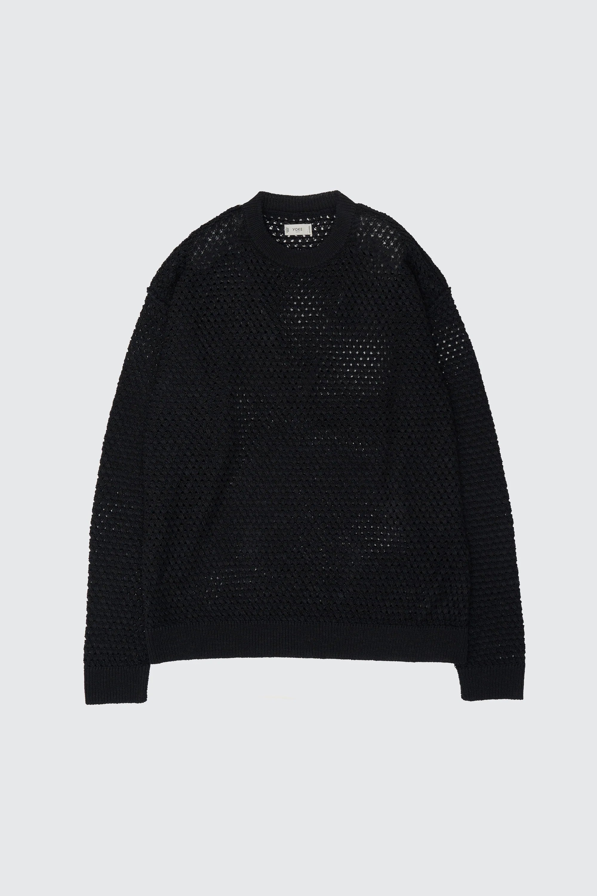 BLACK MESH KNIT SHIRT CREWNECK SWEATER SS26