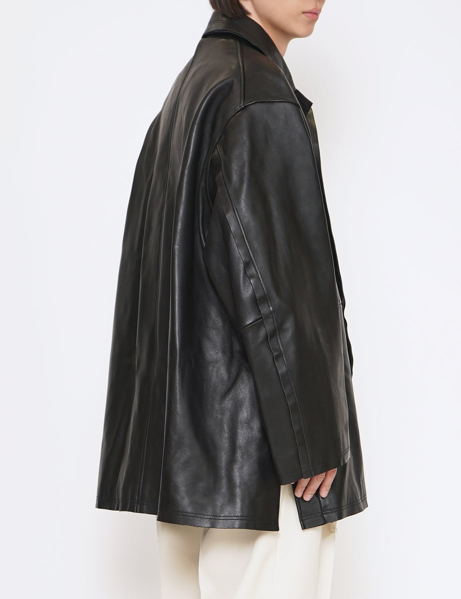 BLACK CUT-OFF LEATHER CAR COAT