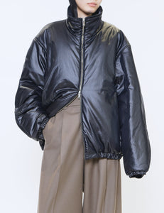 BLACK LEATHER-LIKE PUFFER BLOUSON