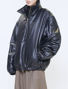 BLACK LEATHER-LIKE PUFFER BLOUSON