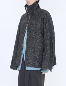 BLACK TWEED STAND COLLAR ZIP BLOUSON