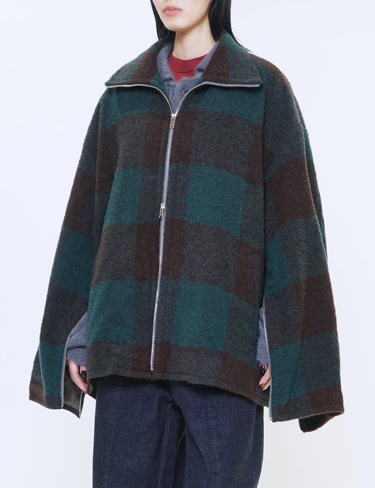 GREEN BUFFALO PLAID STAND COLLAR ZIP BLOUSON