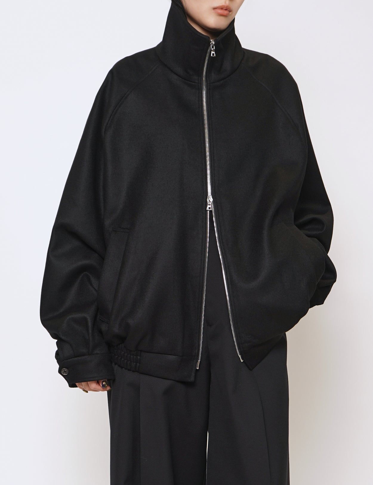 BLACK MELTON ZIP UP BLOUSON