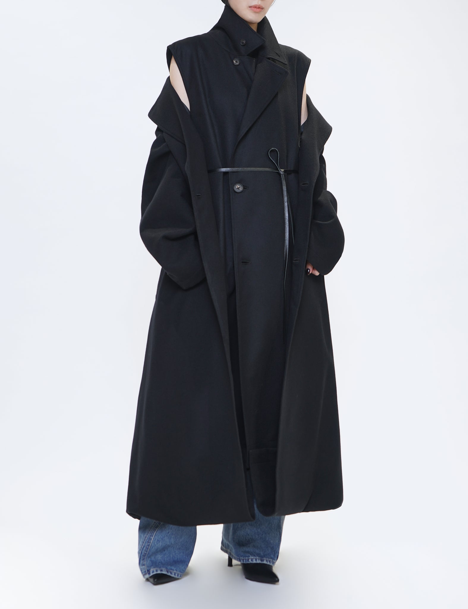 BLACK OVERSIZED LAYERED COMBINATION COAT