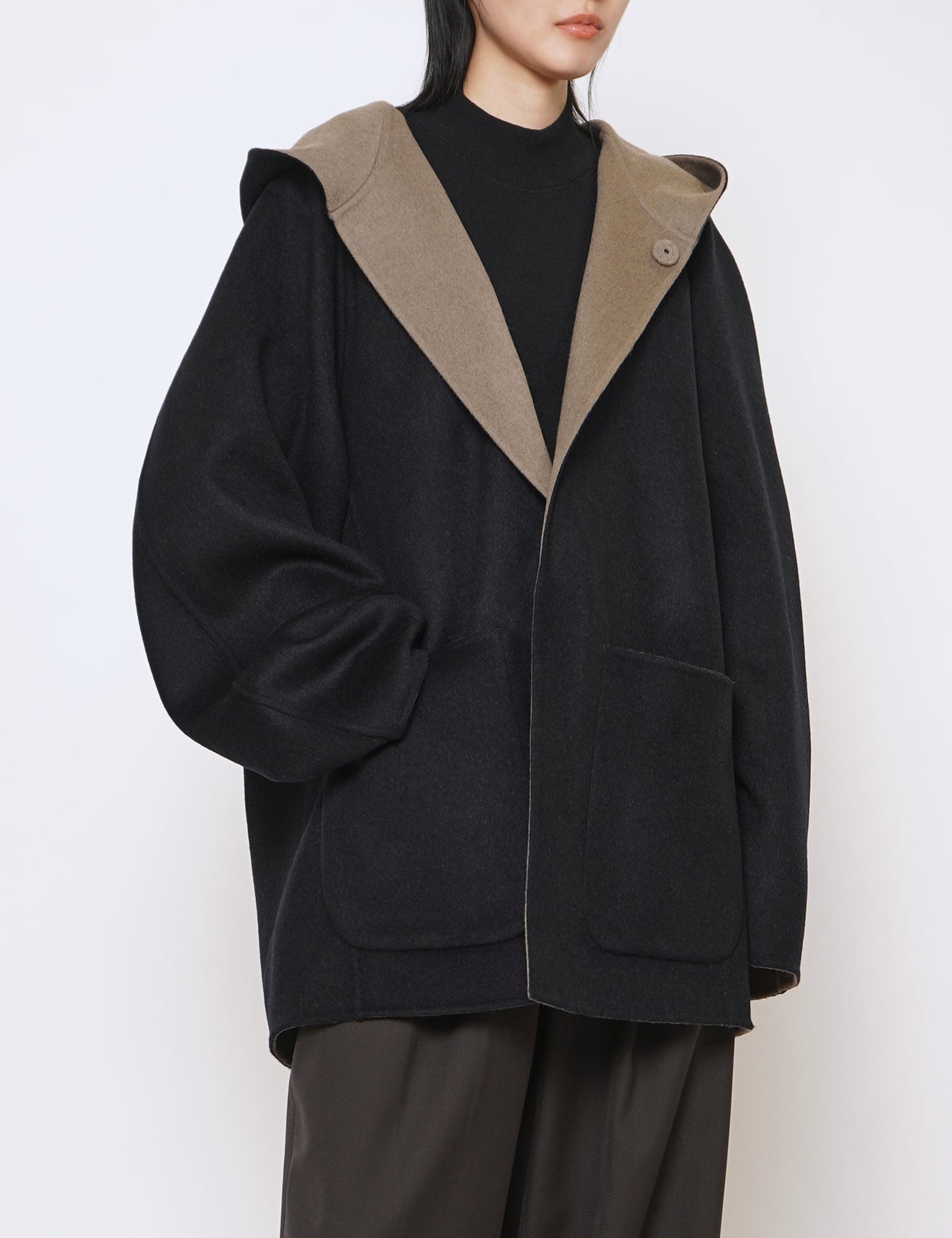 NAVY x GREY KHAKI REVERSIBLE HOODED HALF COAT