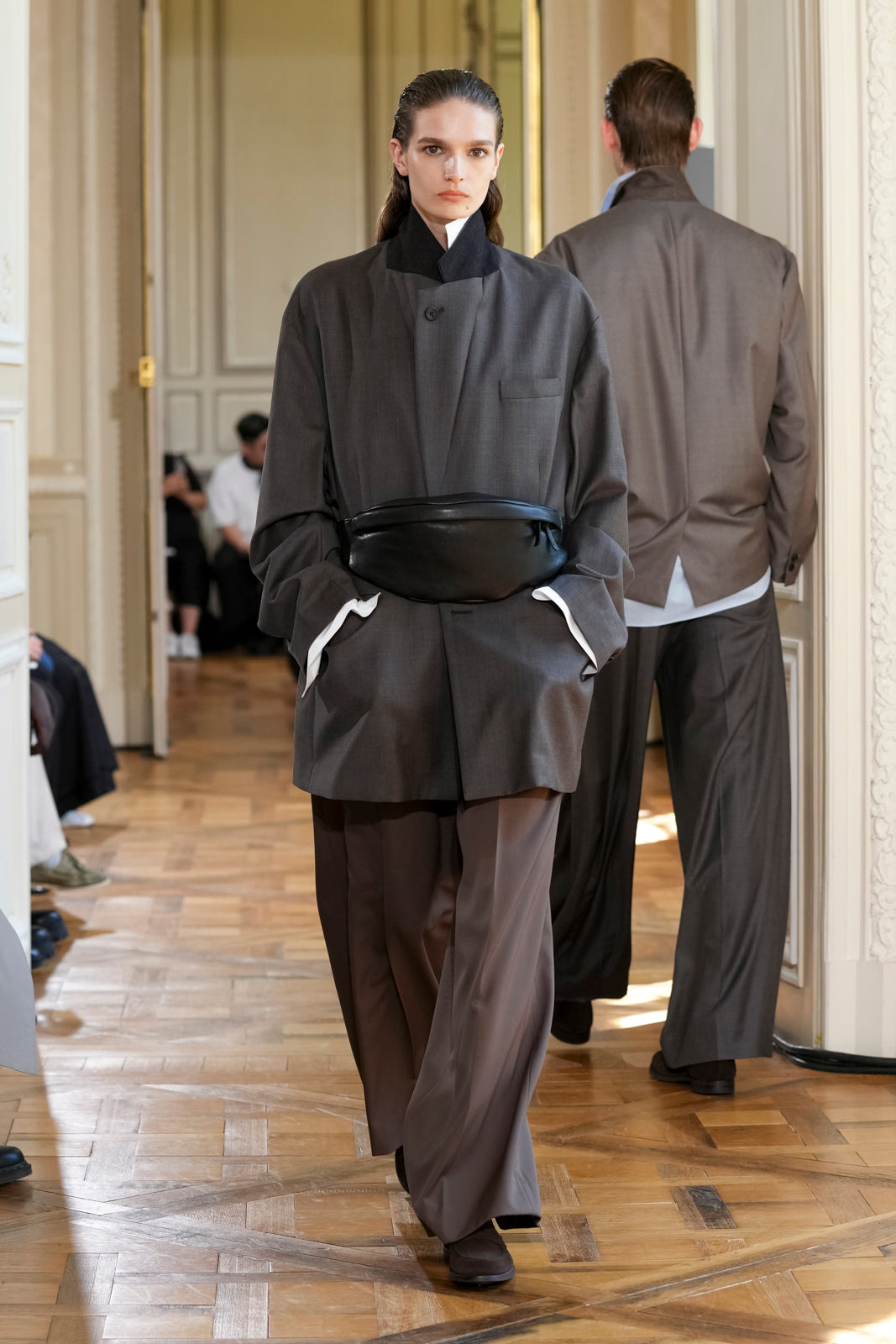 BROWN GREY EXTRA FINE WOOL OVERSIZED SINGLE BREAST LONG JACKET